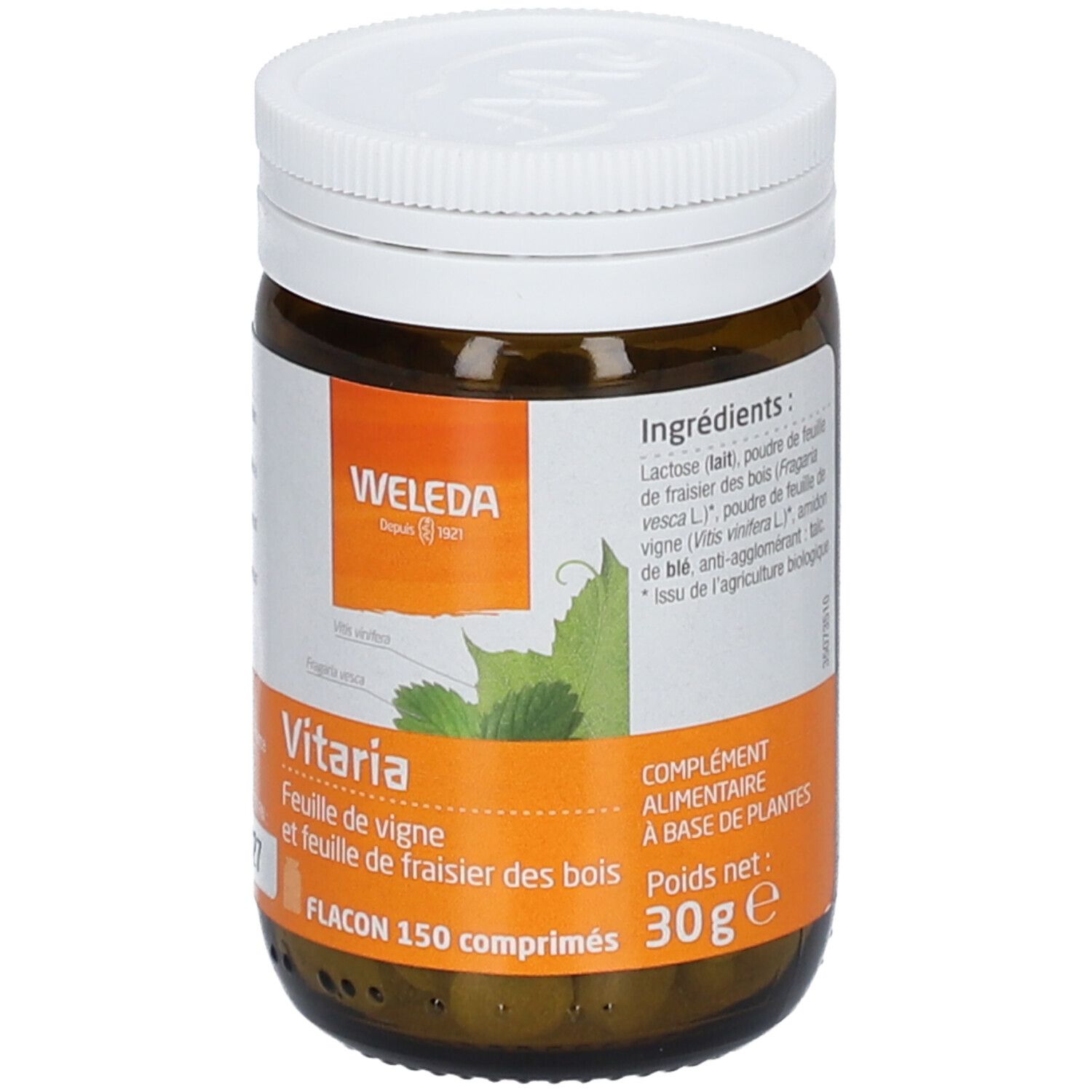 Flacon en verre brun avec couvercle blanc. Étiquette avec logo WELEDA, nom du produit Vitaria et ingrédients.
