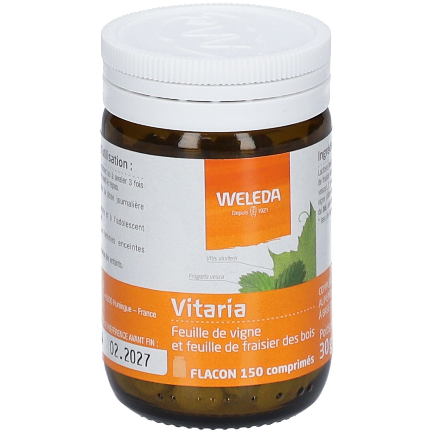 Flacon en verre brun avec couvercle blanc. Étiquette avec logo WELEDA, nom du produit Vitaria et date de péremption 02.2027.