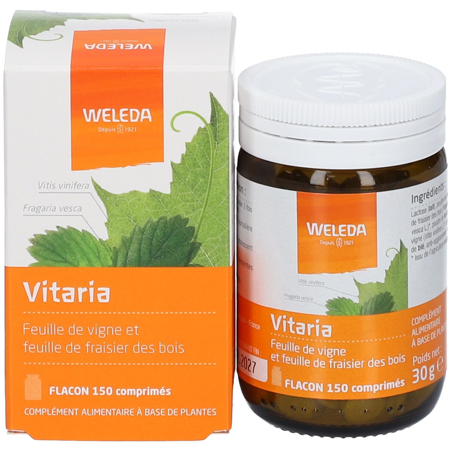Emballage du produit avec flacon et boîte. Flacon: verre brun, couvercle blanc. Boîte: blanc/orange, logo WELEDA.