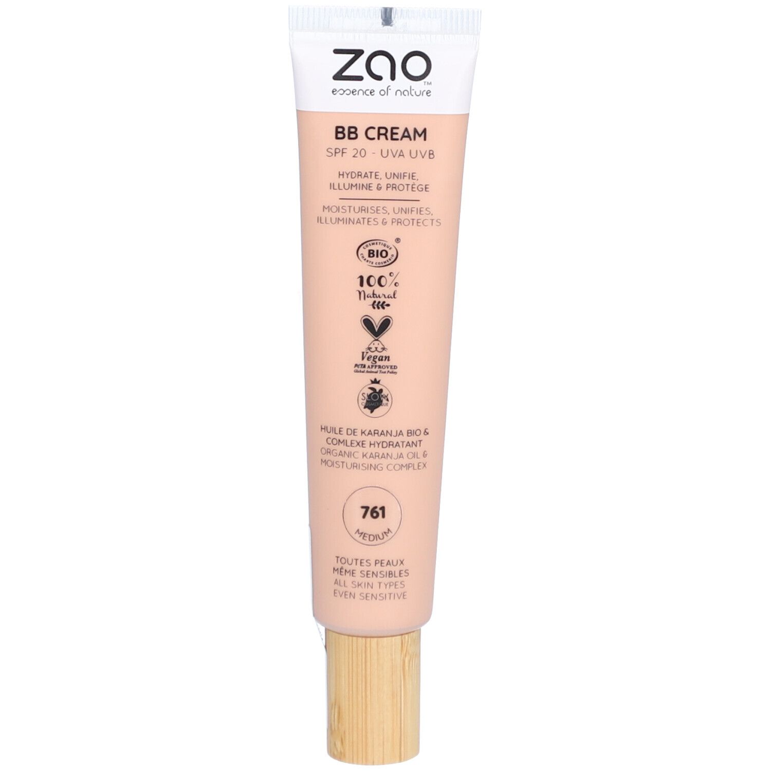 Zao BB Crème tube. Beige tube met witte dop. Tekst: BB Cream, SPF 20, 100% natuurlijk, vegan.