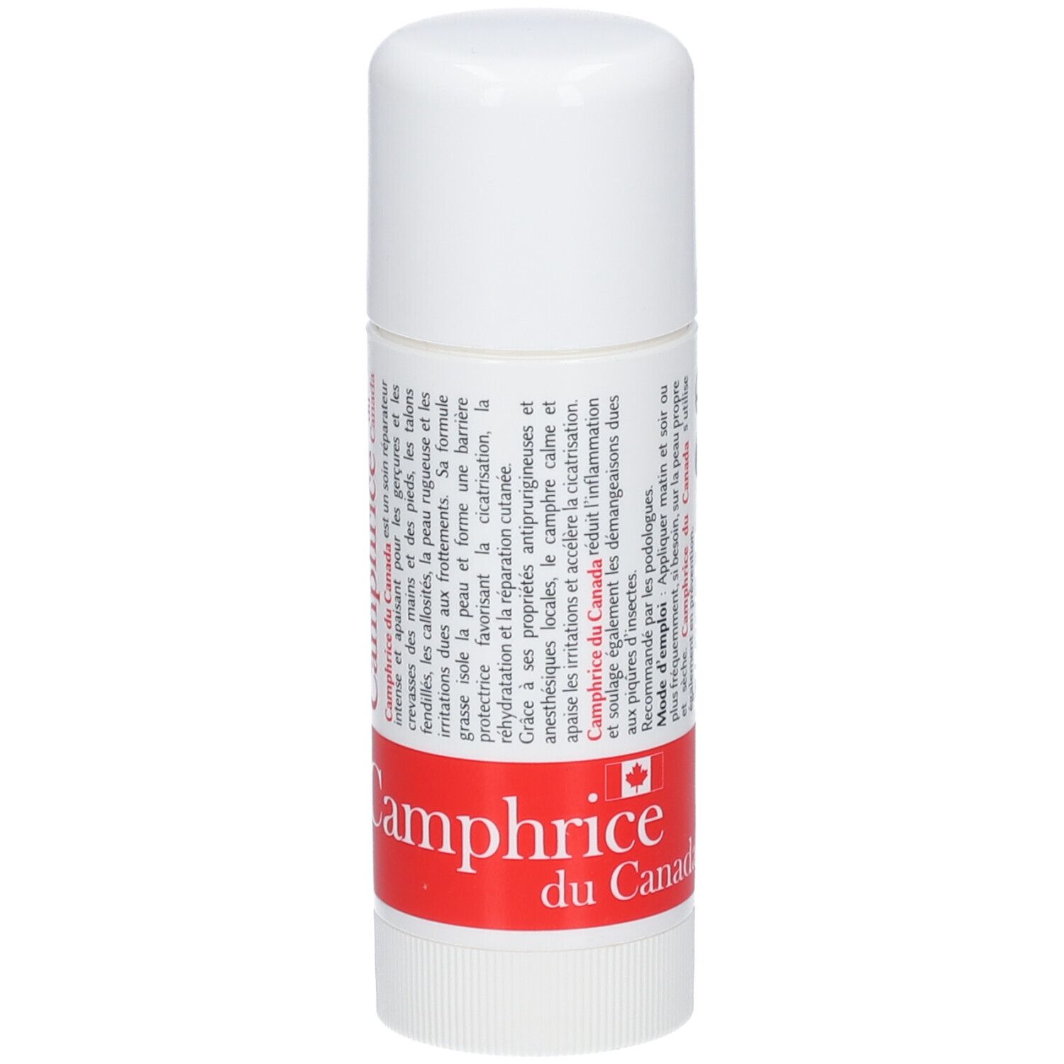 Stick blanc avec bande rouge. Inscription: Camphrice du Canada. Texte en français. Capuchon en haut.