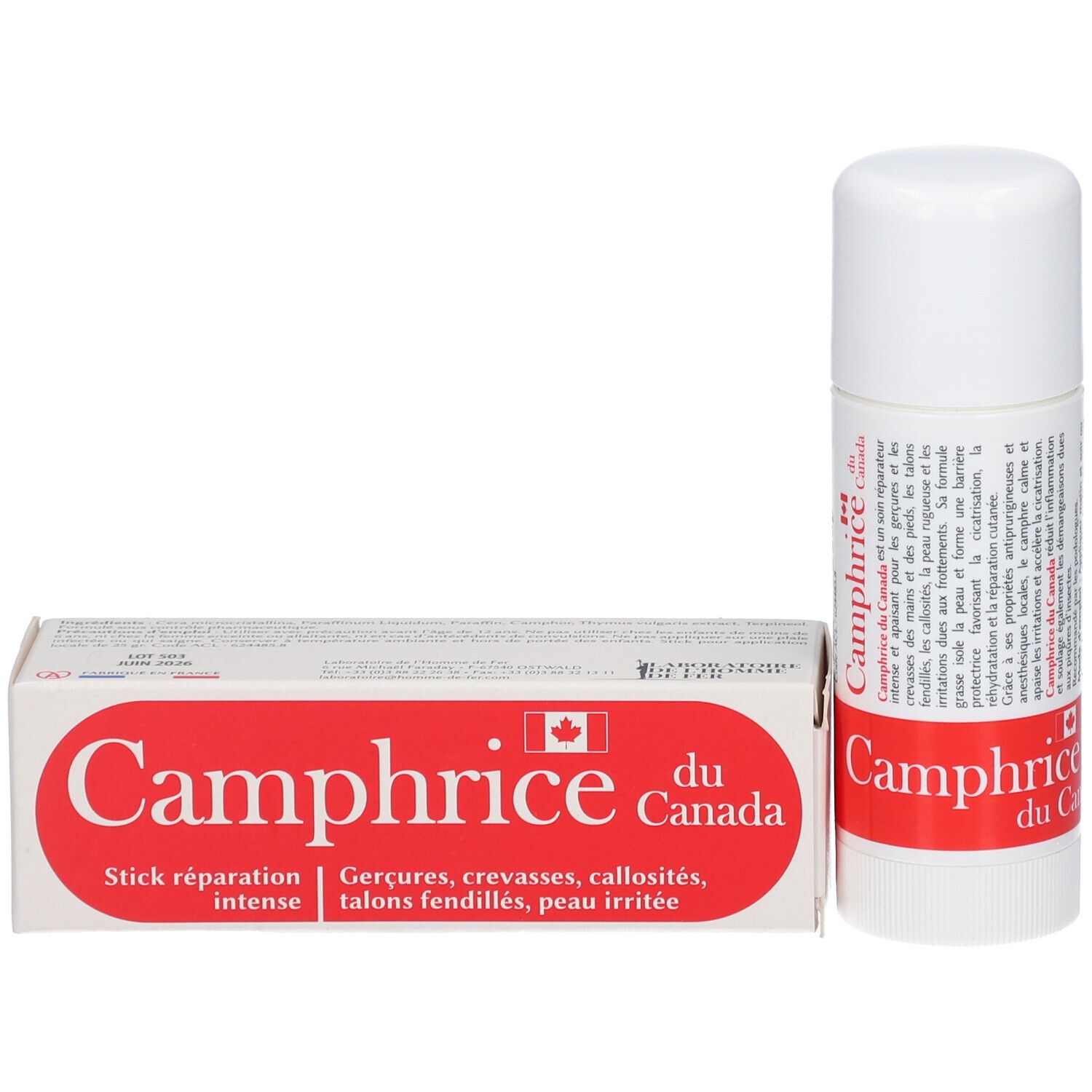 Stick blanc avec bande rouge. Inscription: Camphrice du Canada. Texte en français. Capuchon en haut.