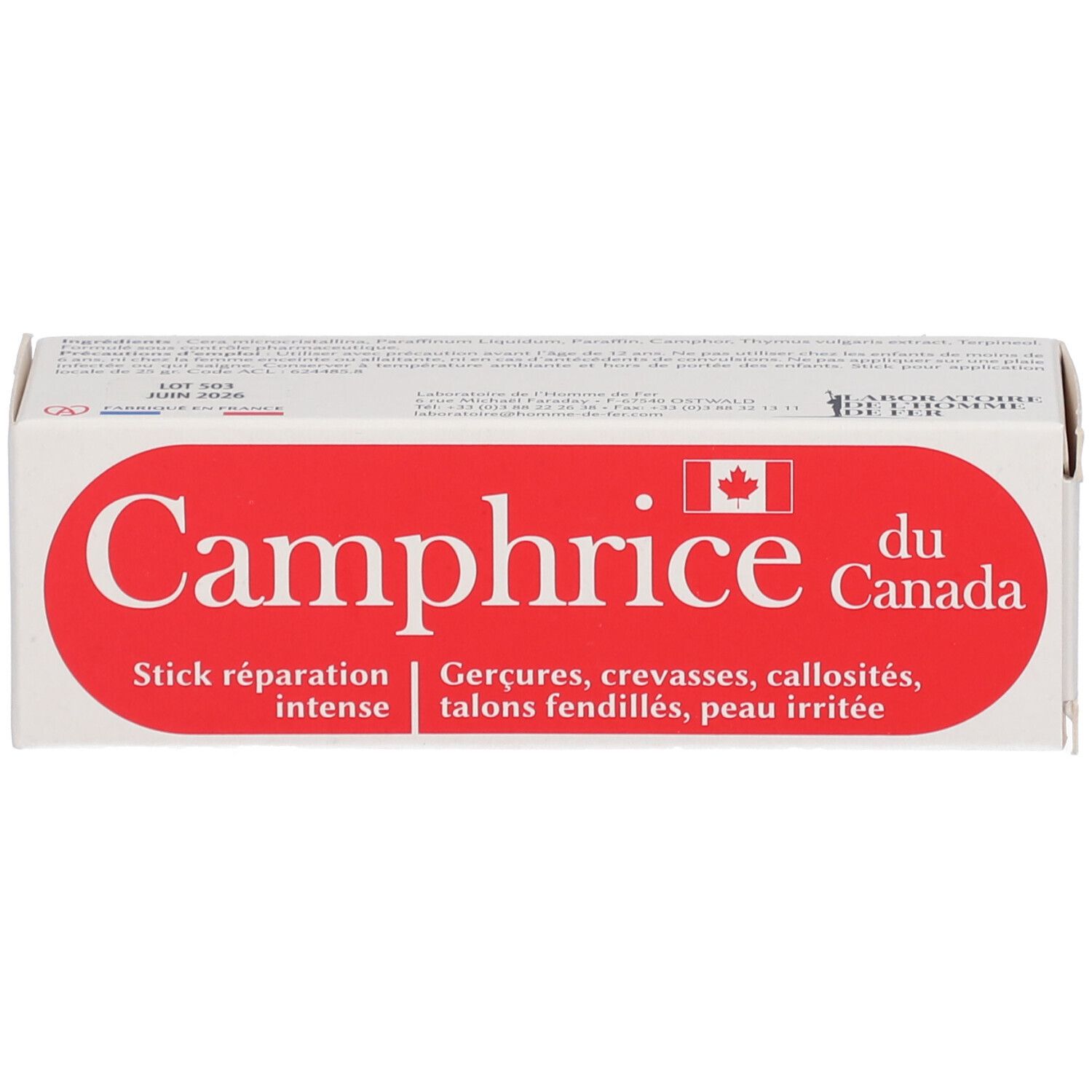 Emballage et stick. Emballage: blanc avec texte rouge. Stick: blanc avec bande rouge. Texte en français.
