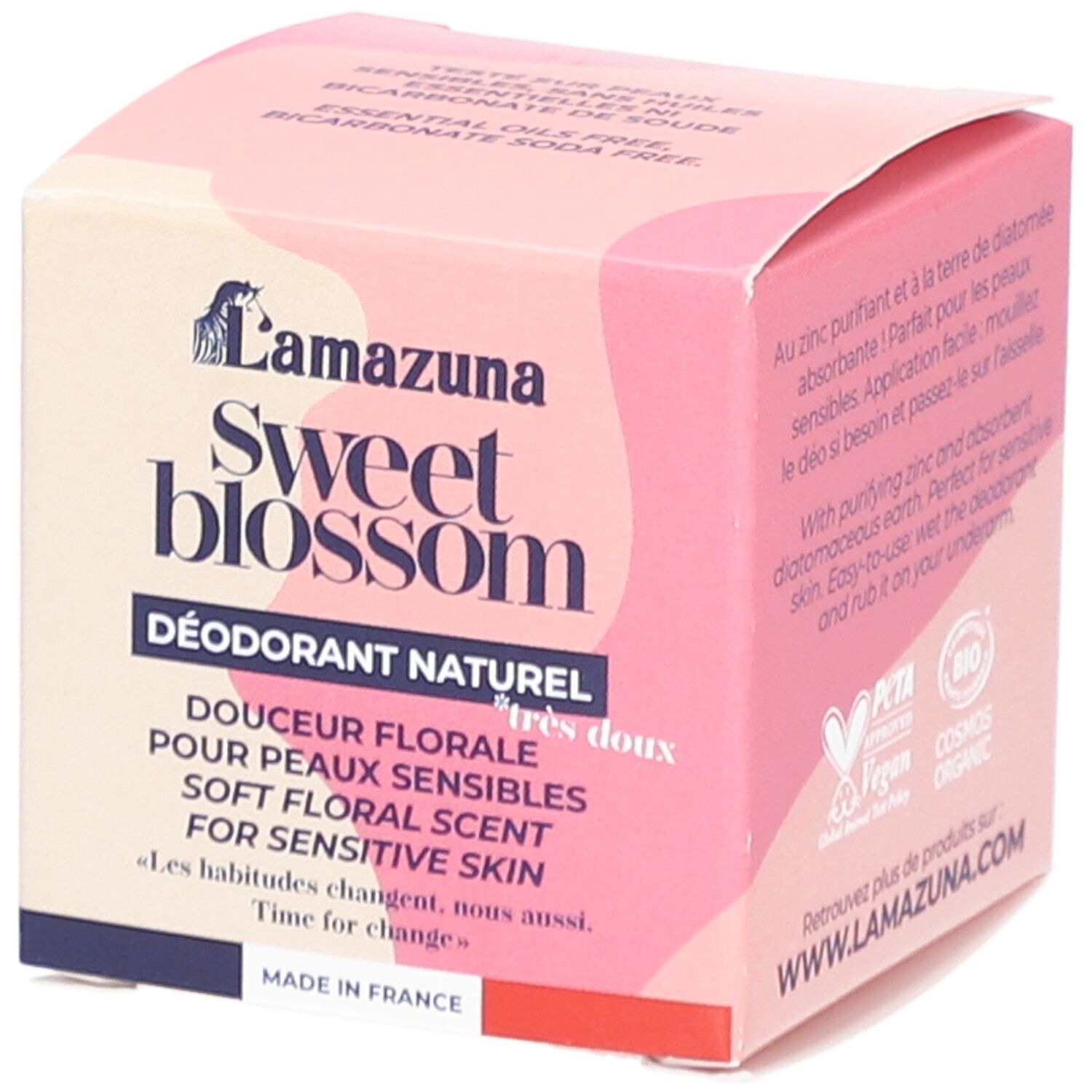Boîte rose. Inscription: LAMAZUNA Sweet Blossom, Déodorant Naturel, Douceur Florale, Pour Peaux Sensibles, Soft Floral Scent. Logo PETA.