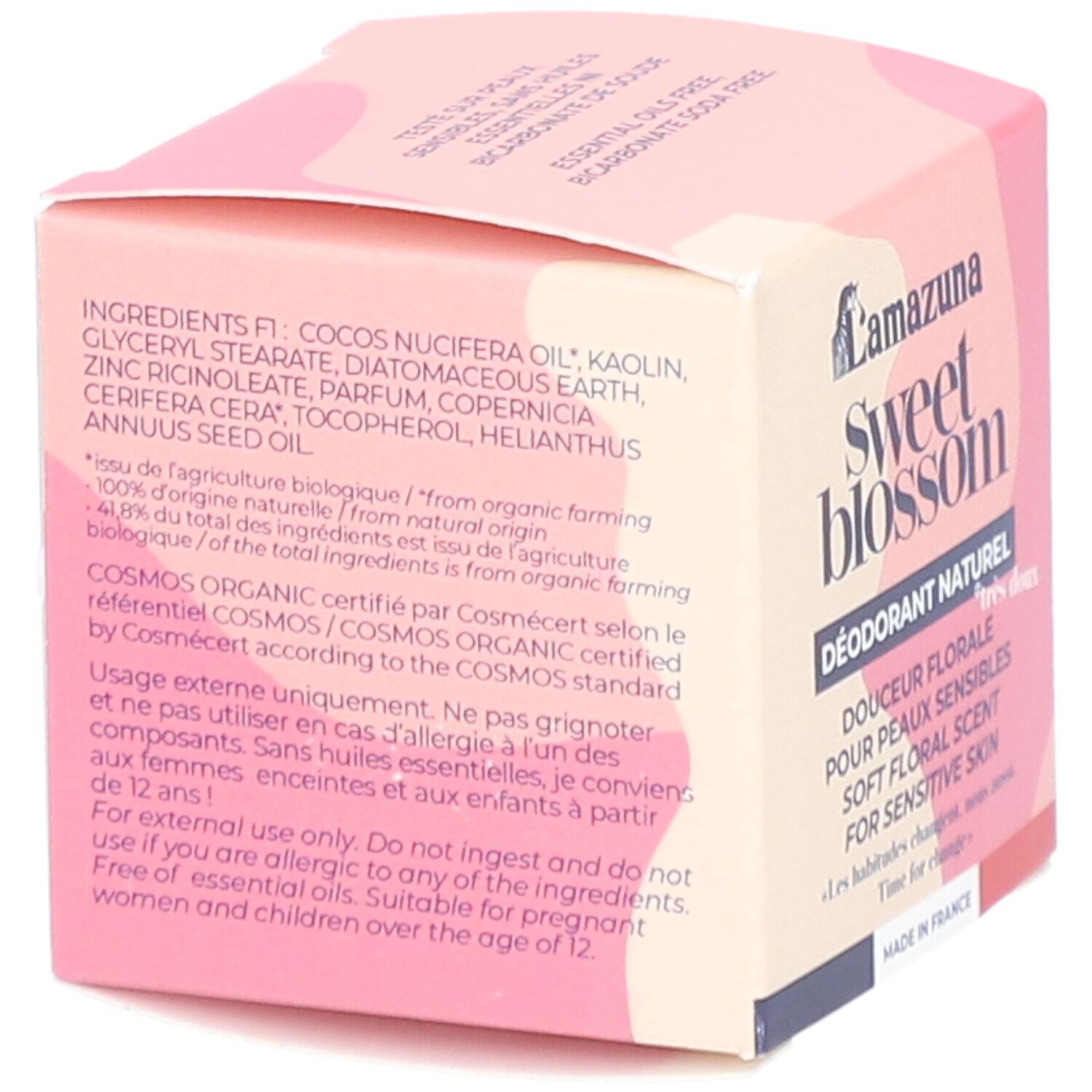Boîte avec ingrédients et certifications. Inscription: LAMAZUNA Sweet Blossom. Certification COSMOS ORGANIC. Texte en français.