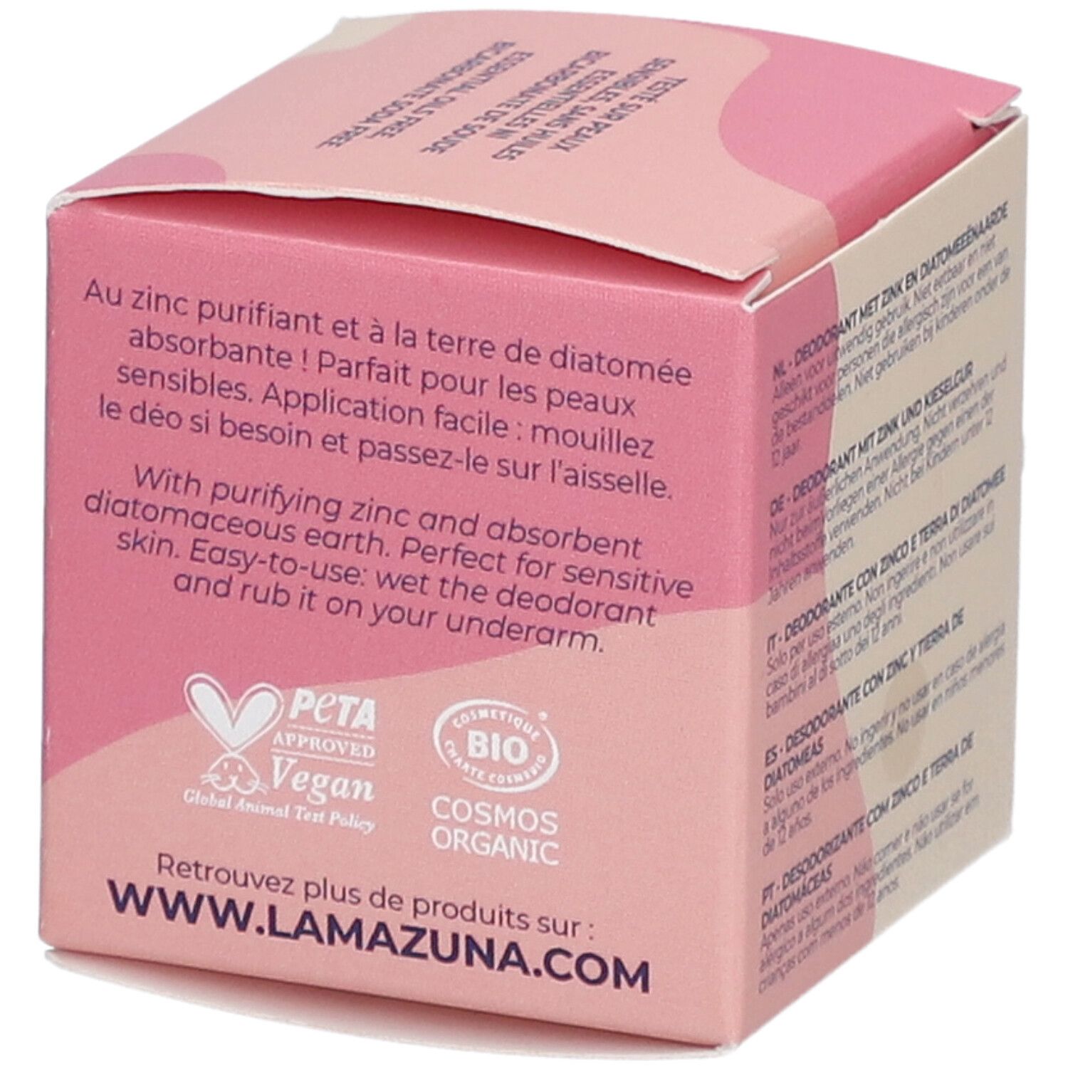 Boîte rose avec texte. Inscription: LAMAZUNA Sweet Blossom, Déodorant Naturel. Logos: PETA, COSMOS ORGANIC. Texte en français et anglais.