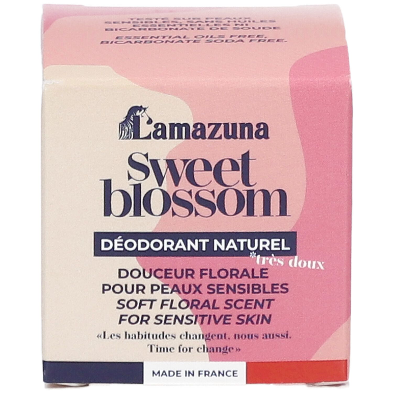 Boîte rose. Inscription: LAMAZUNA Sweet Blossom, Déodorant Naturel, Douceur Florale, Pour Peaux Sensibles, Soft Floral Scent. Logo.