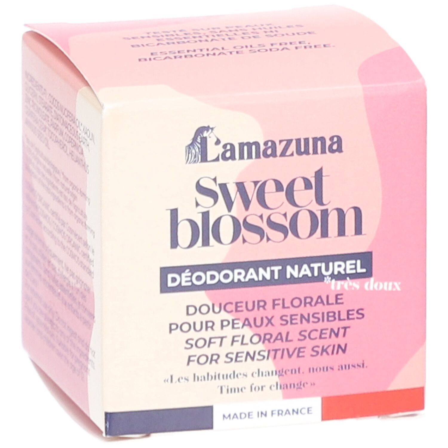 Boîte rose. Inscription: LAMAZUNA Sweet Blossom, Déodorant Naturel, Douceur Florale, Pour Peaux Sensibles, Soft Floral Scent. Logo.