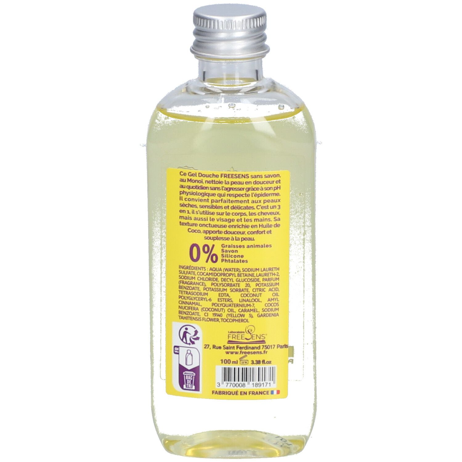 Achterkant van de fles met geel etiket. Tekst en ingrediënten. Logo Freesens. Recycling symbool.