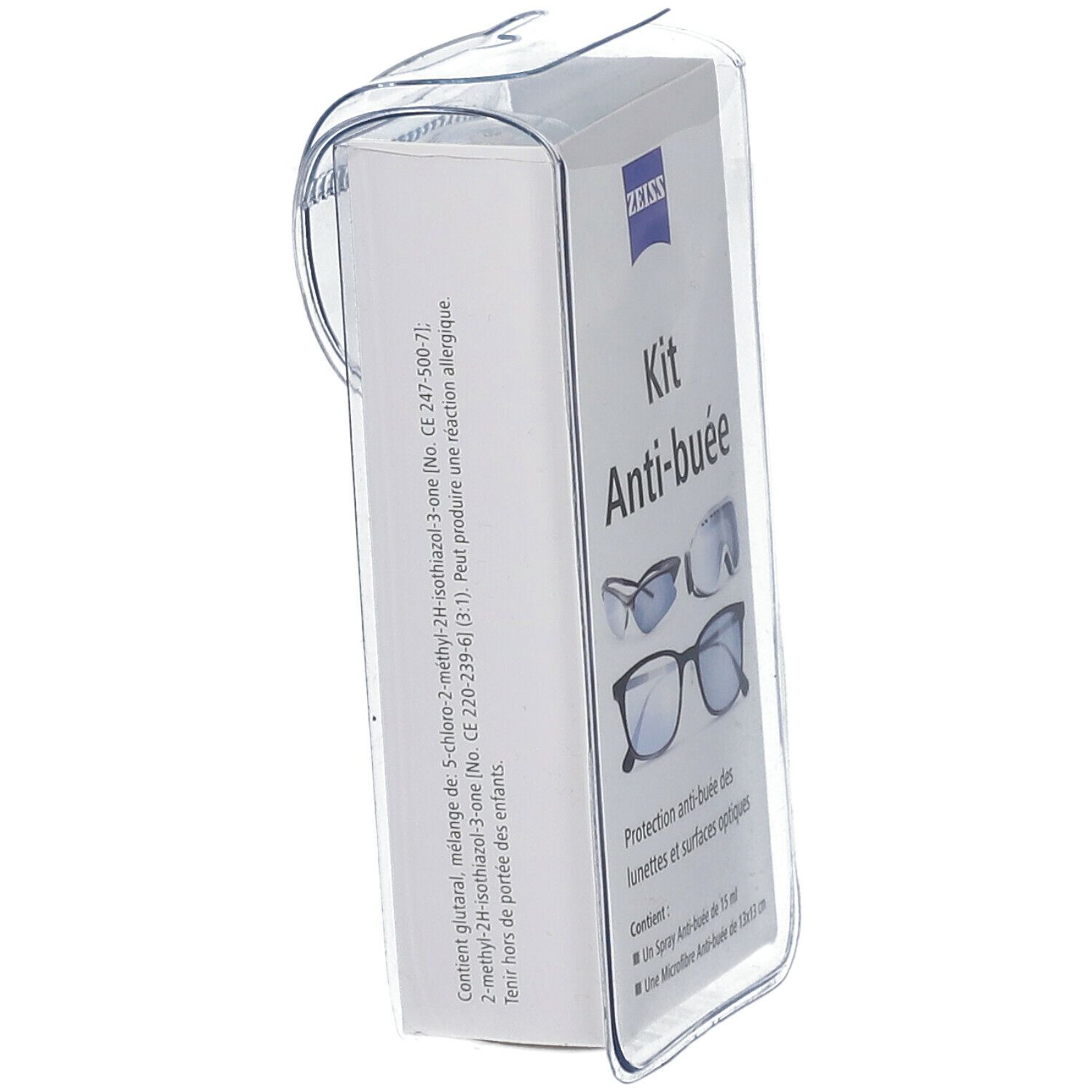 Kit anti-buée Zeiss, vue latérale. Emballage transparent avec informations produit. Texte: Kit Anti-buée.