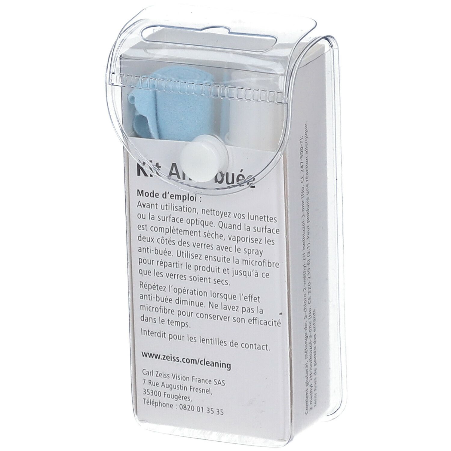 Kit anti-buée Zeiss, dos. Contient spray et chiffon microfibre. Mode d'emploi. Texte: Anti-buée.