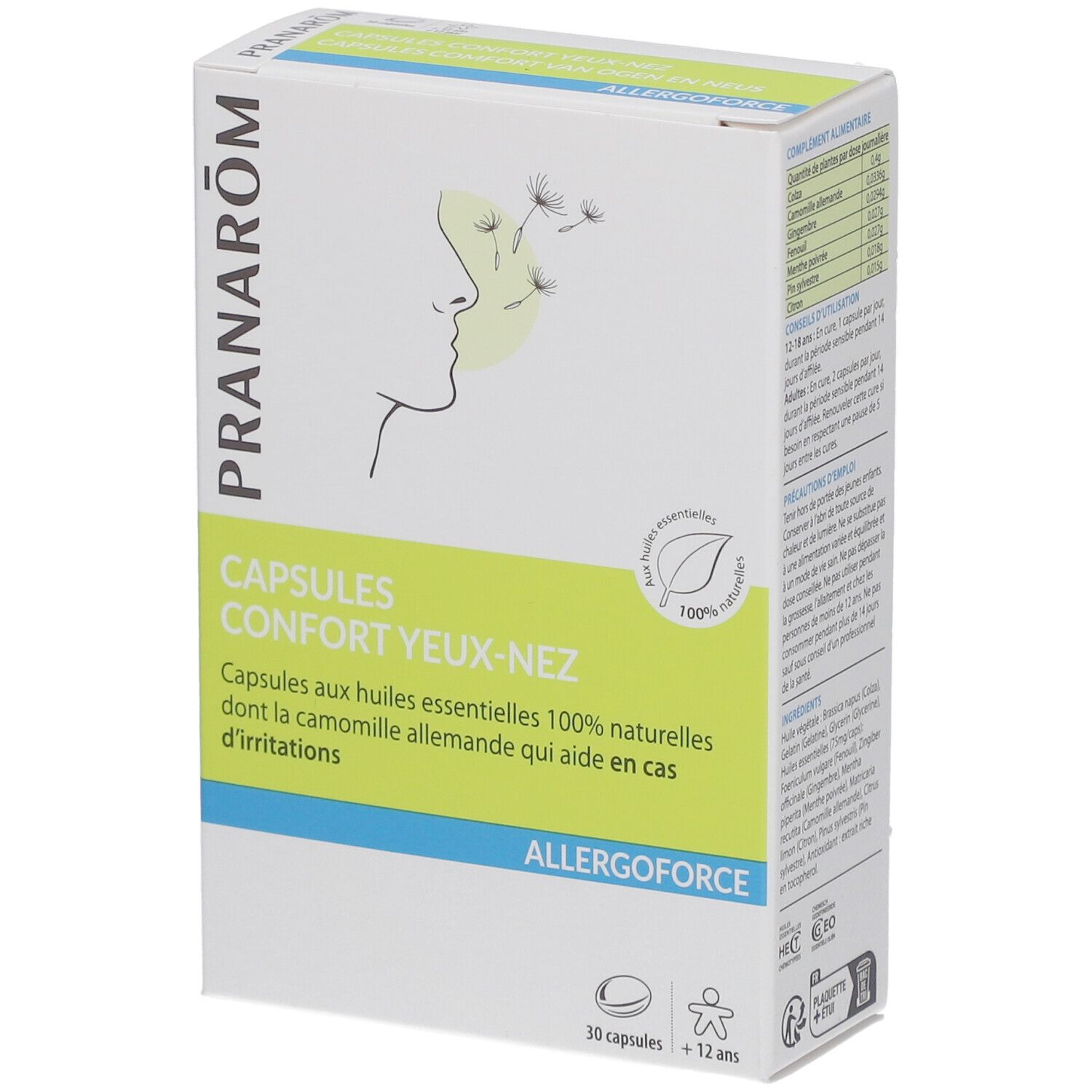 Boîte de PRANAROM Allergoforce Capsules Confort Yeux-Nez. Inscription: Capsules aux huiles essentielles 100% naturelles. 30 capsules.