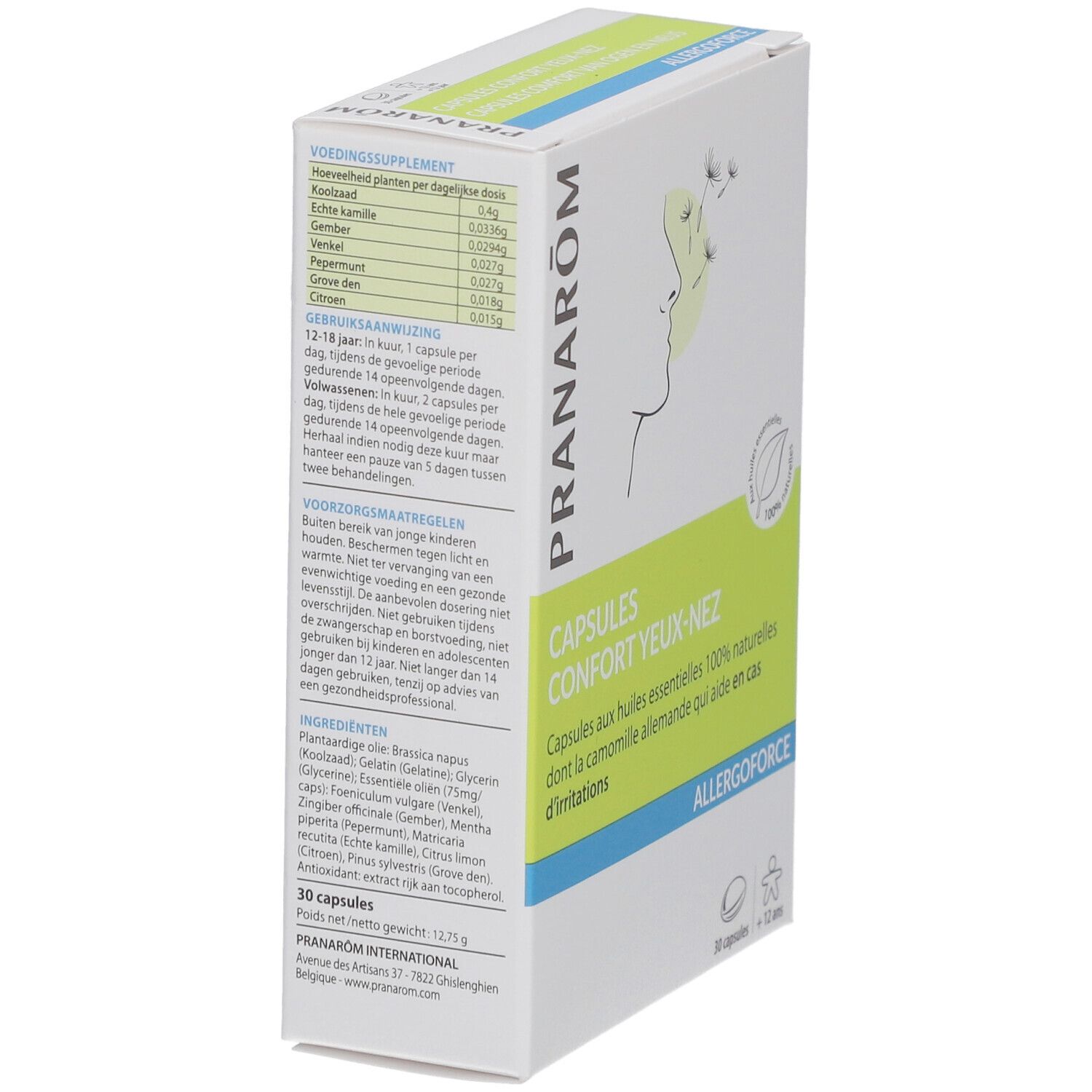 Vue latérale de la boîte PRANAROM Allergoforce Capsules Confort Yeux-Nez. Texte: Capsules aux huiles essentielles 100% naturelles. 30 capsules.