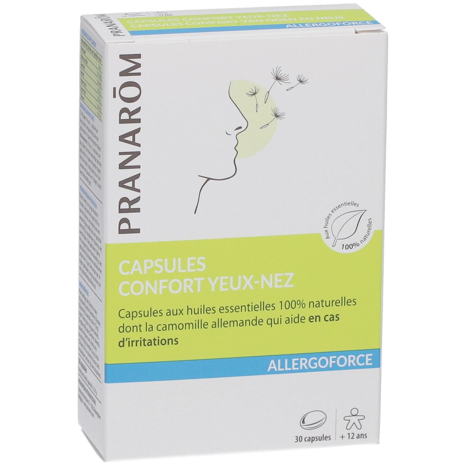 Boîte PRANAROM Allergoforce Capsules Confort Yeux-Nez. Inscription: Capsules aux huiles essentielles 100% naturelles. 30 capsules.