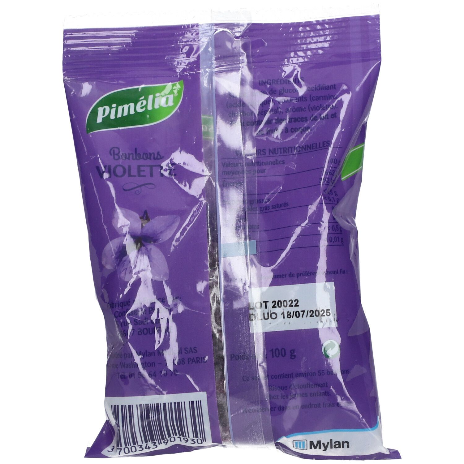 Rückseite der Violette Bonbons Verpackung. Marke Pimélia. Barcode, Text und Haltbarkeitsdatum.