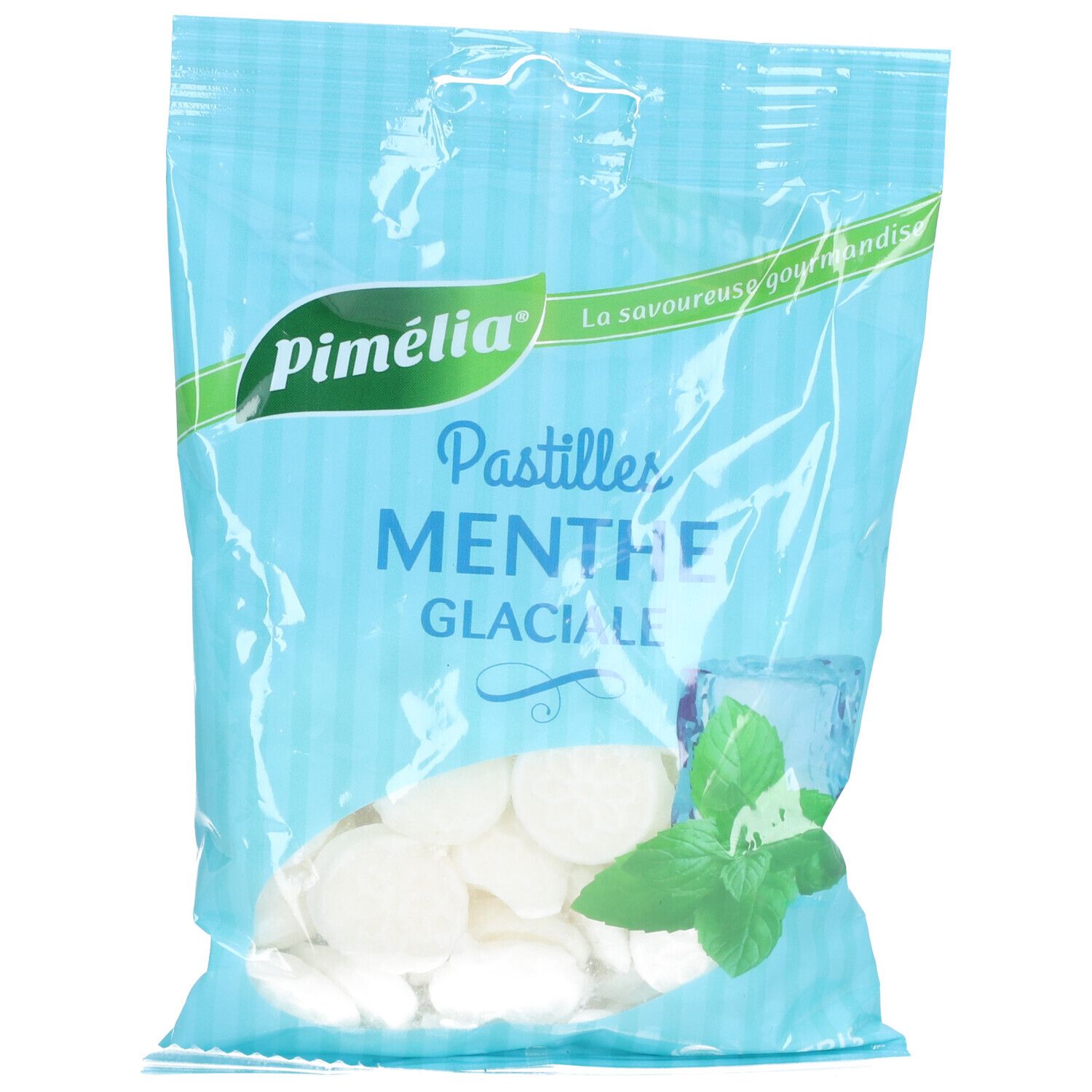Sachet transparent de pastilles Pimélia Menthe Glaciale. Pastilles blanches. Illustration de feuille de menthe.