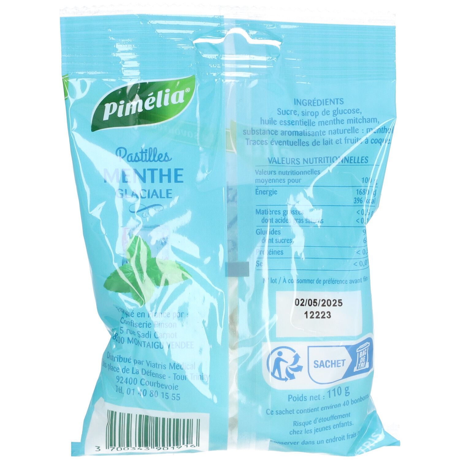 Dos du sachet de pastilles Pimélia. Liste des ingrédients, informations nutritionnelles, date de péremption, symbole de recyclage.