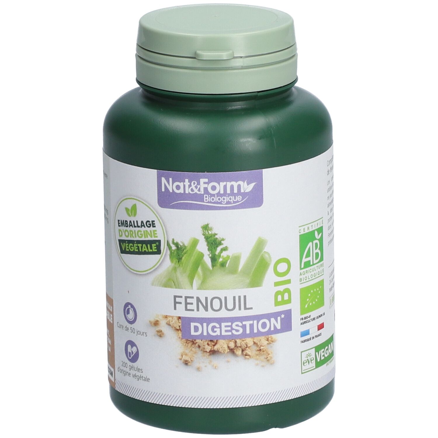 Flacon vert avec étiquette blanche. Inscription: Nat&Form, FENOUIL DIGESTION BIO. Labels: AB, Vegan. 200 gélules.