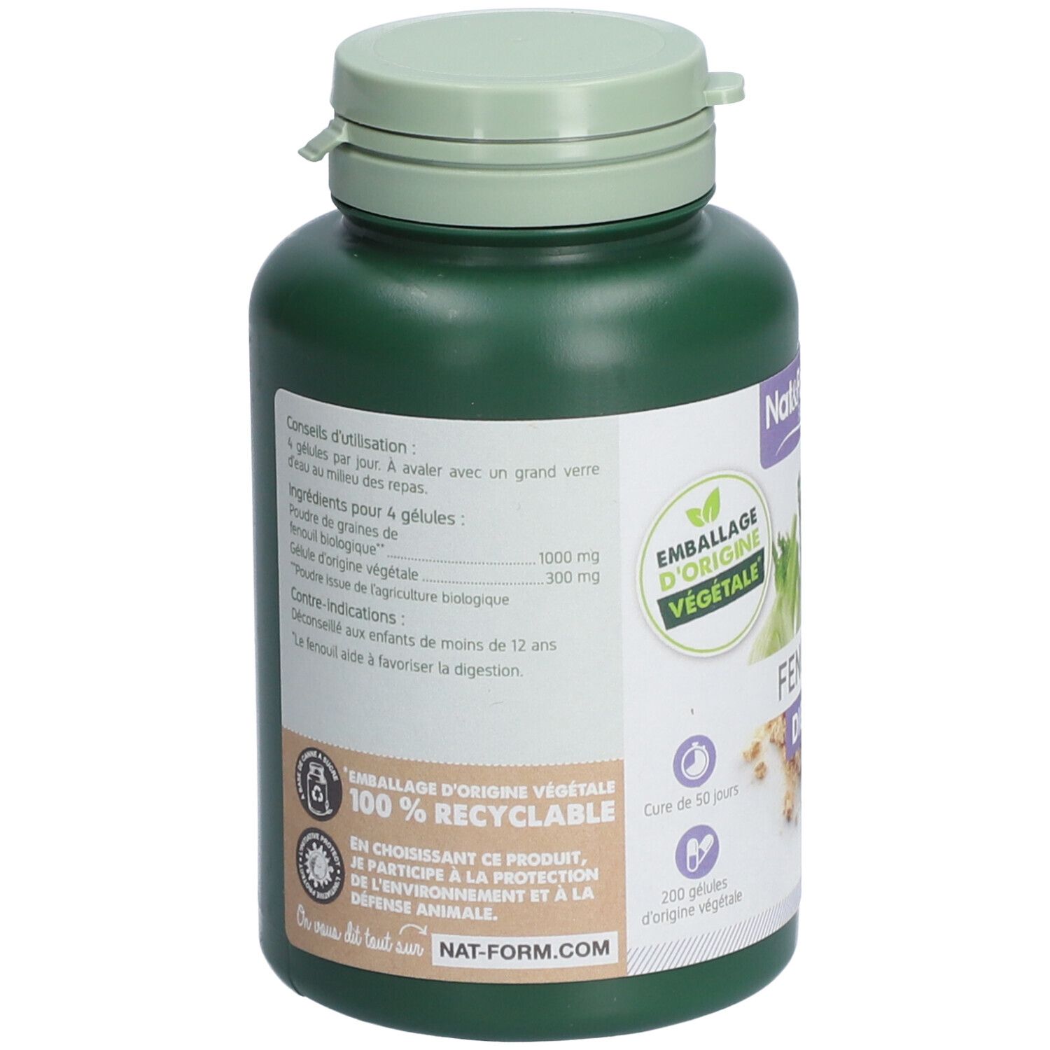 Dos du flacon vert. Contient des informations sur les ingrédients, l'utilisation et les avertissements. Label: 100% recyclable.