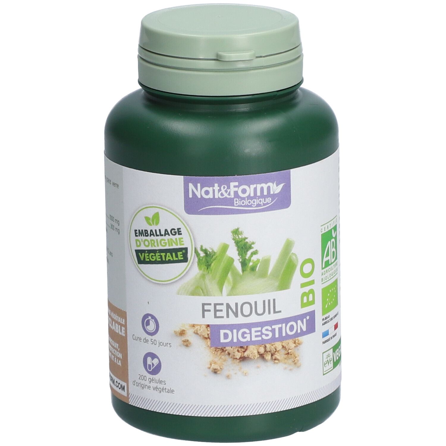 Flacon vert avec étiquette blanche. Inscription: Nat&Form, FENOUIL DIGESTION BIO. Labels: AB, Vegan. 200 gélules.