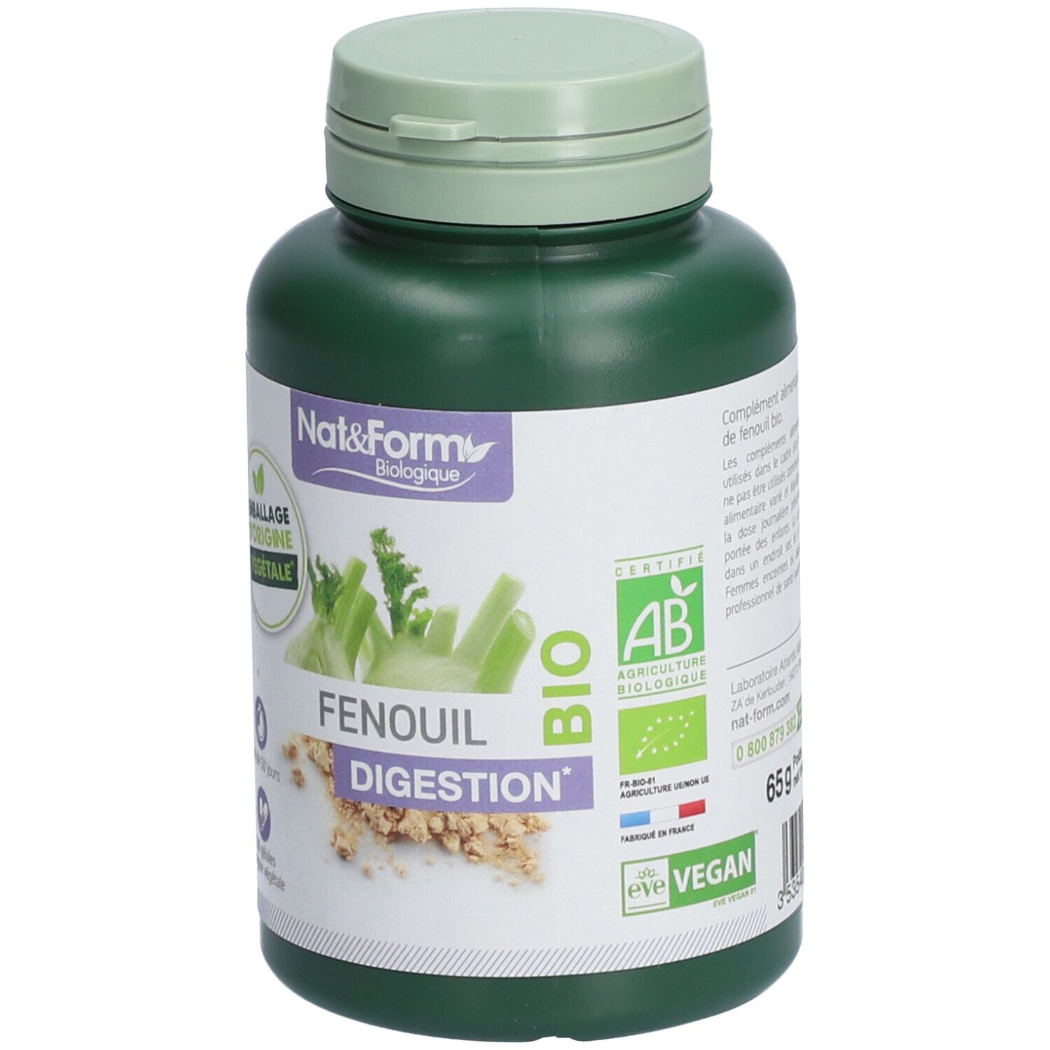 Flacon vert avec étiquette blanche. Inscription: Nat&Form, FENOUIL DIGESTION BIO. Labels: AB, Vegan. 65g.