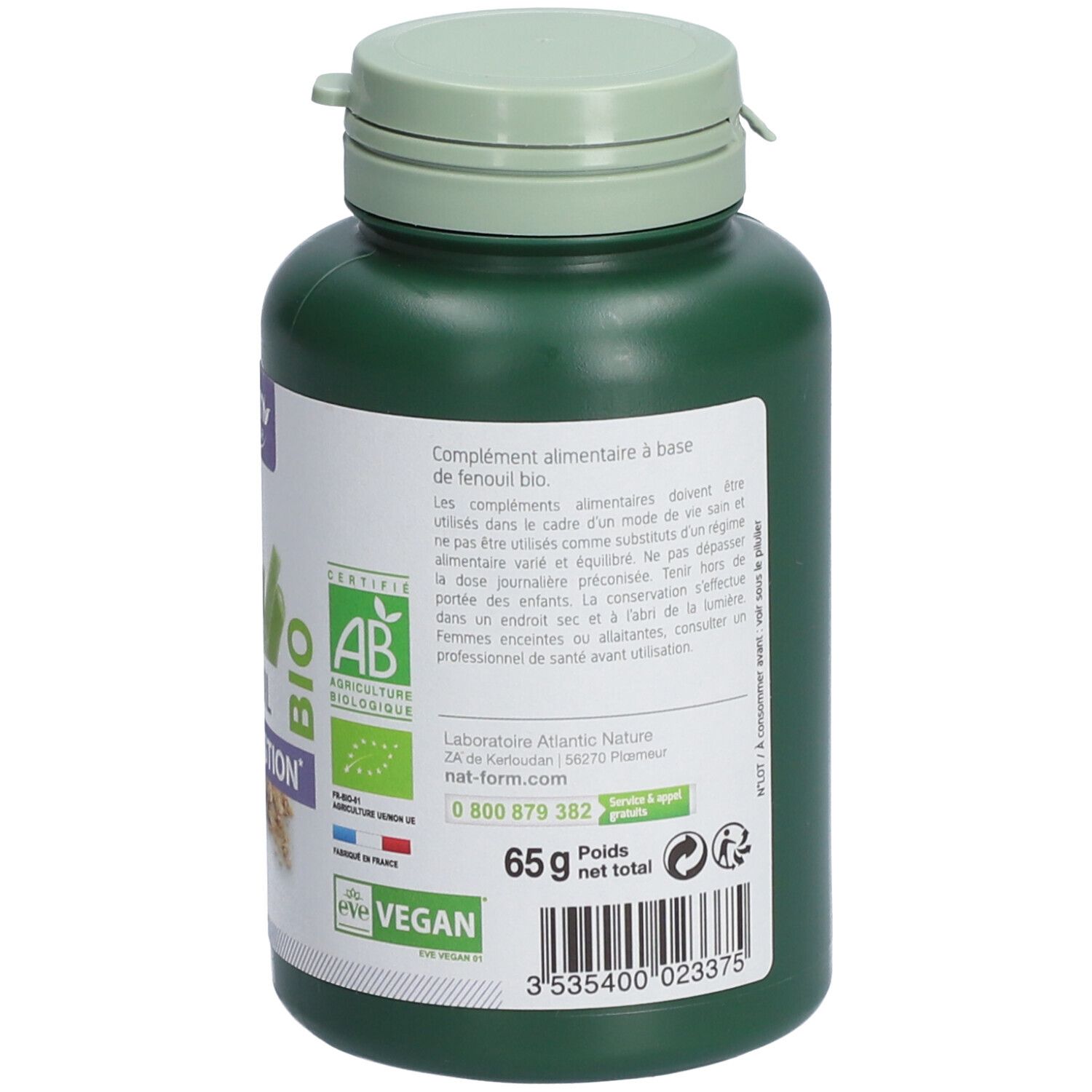 Dos du flacon vert. Contient des informations sur les ingrédients, l'utilisation et les avertissements. Labels: AB, Vegan. 65g.
