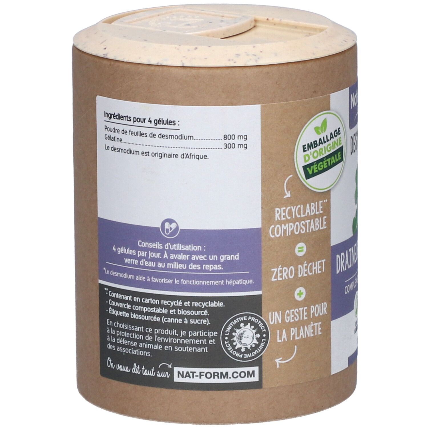 Dos de la boîte. Liste des ingrédients, conseils d'utilisation. Inscription: Nat&Form, Drainer Hépatique. Emballage végétal, recyclable.