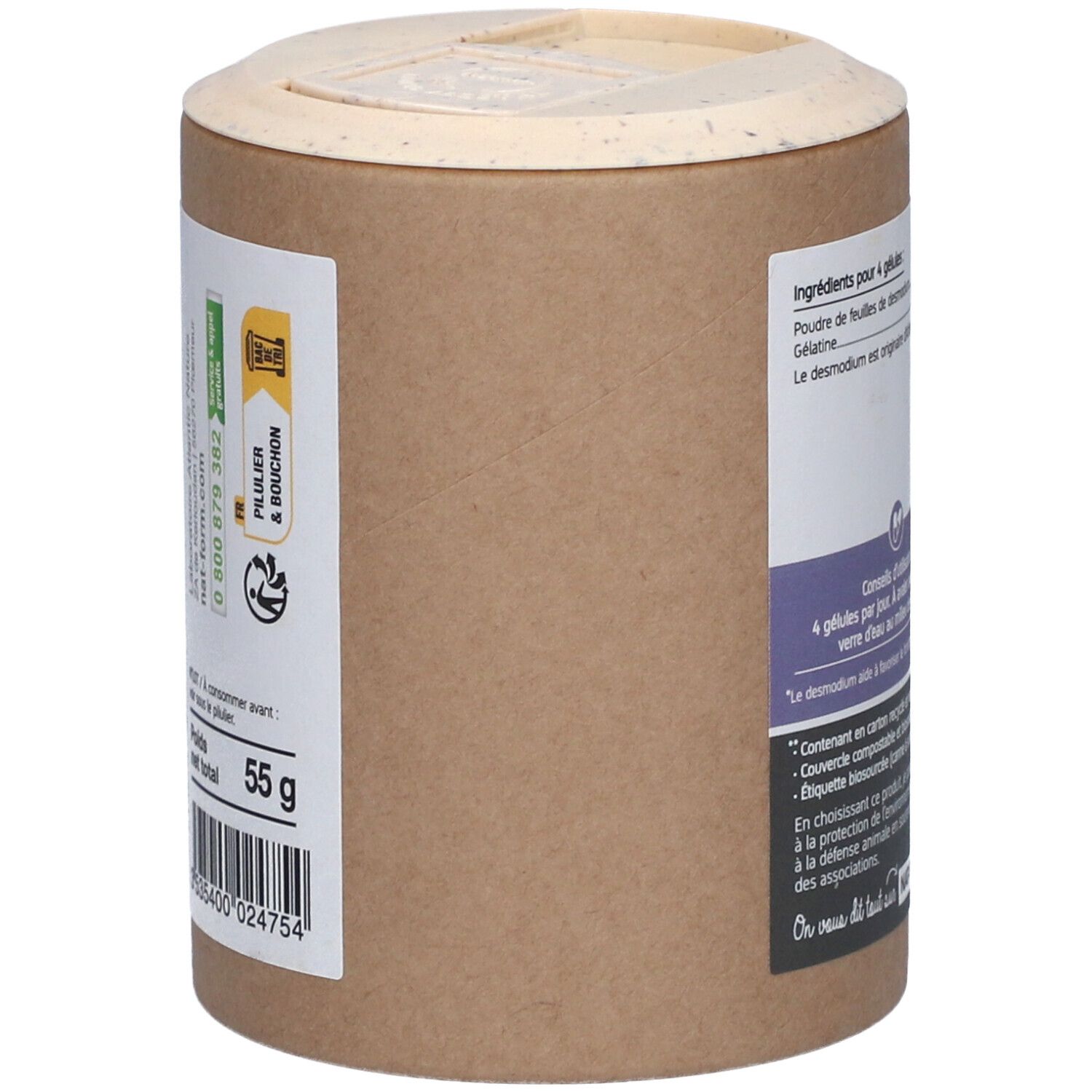 Boîte avec couvercle. Inscription: Nat&Form, Drainer Hépatique. Poids: 55 g. Code-barres. Emballage végétal, recyclable.