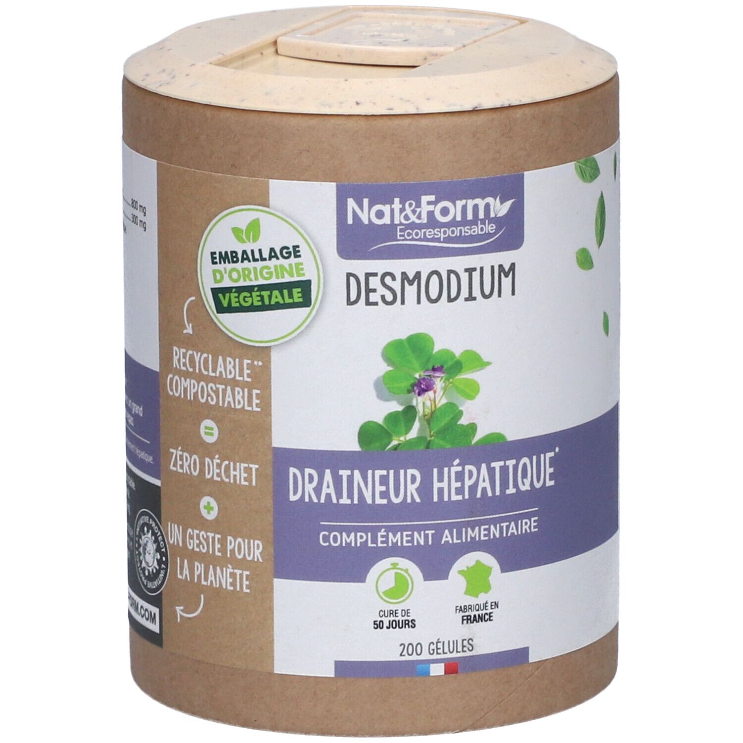Boîte cylindrique avec couvercle. Inscription: Nat&Form Desmodium, Drainer Hépatique, 200 gélules. Emballage végétal.