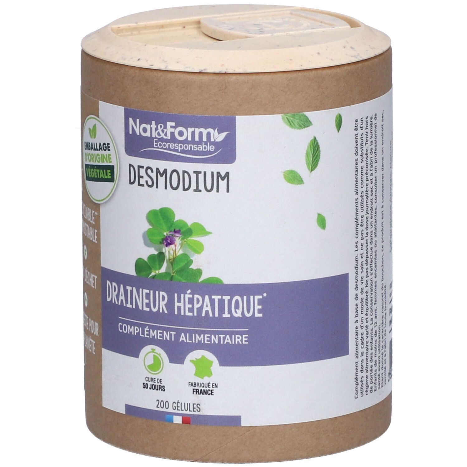 Boîte cylindrique avec couvercle. Inscription: Nat&Form Desmodium, Drainer Hépatique, 200 gélules. Emballage végétal.