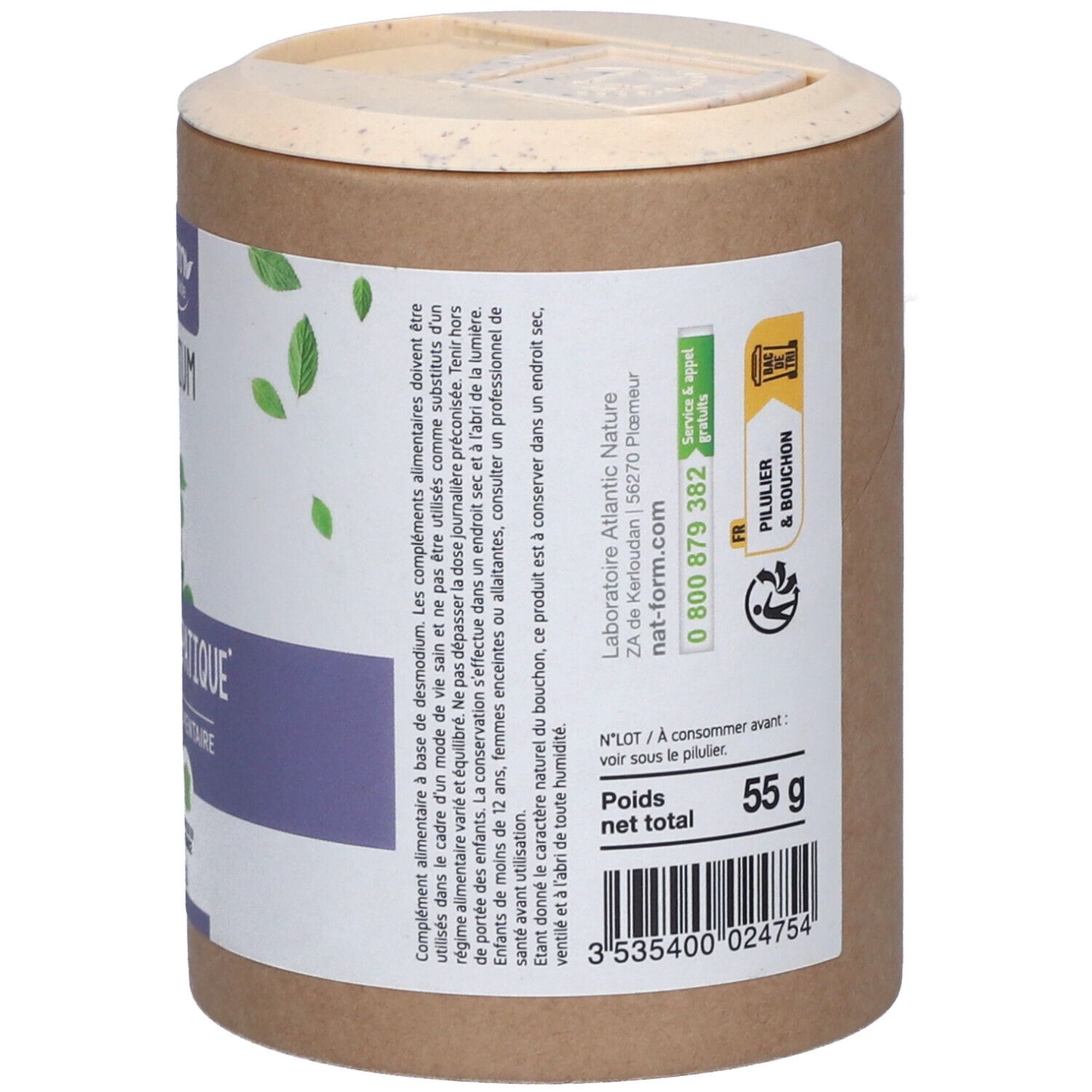 Boîte avec couvercle. Inscription: Nat&Form, Drainer Hépatique. Poids: 55 g. Code-barres. Emballage végétal, recyclable.