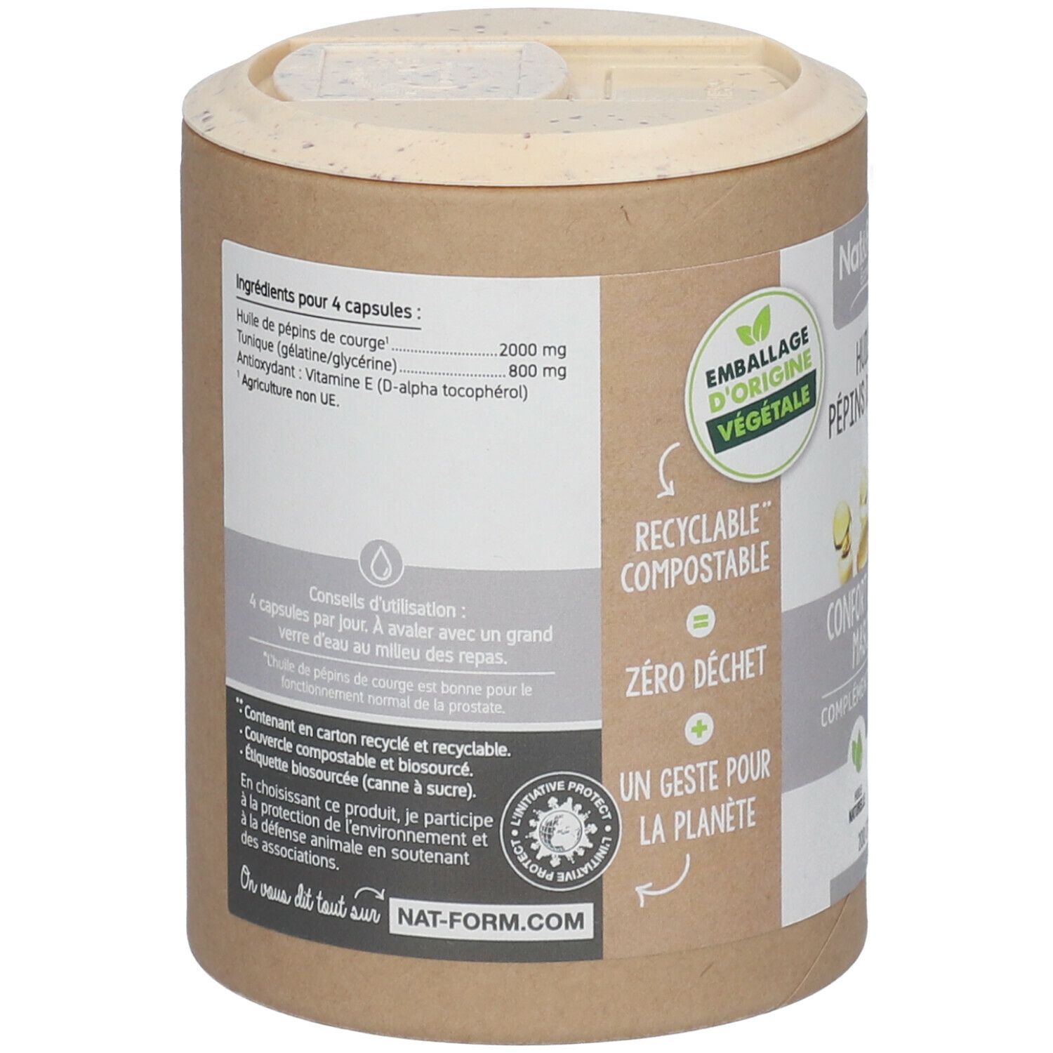Dos de la boîte. Liste des ingrédients, conseils d'utilisation. Emballage végétal, recyclable, compostable. Concept zéro déchet.