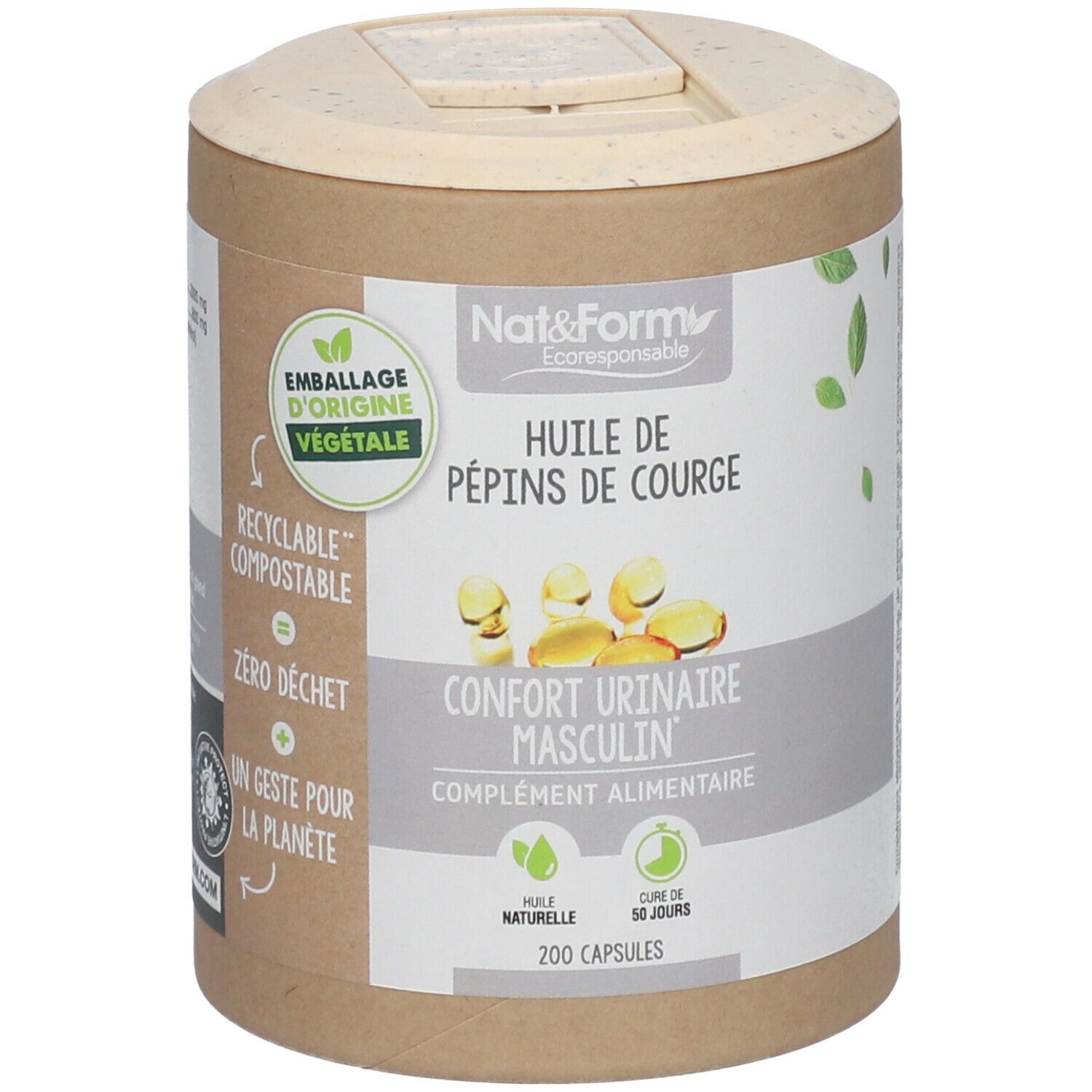 Boîte cylindrique avec couvercle. Inscription: Nat & Form, Huile de pépins de courge, Confort urinaire masculin. 200 capsules. Emballage végétal.