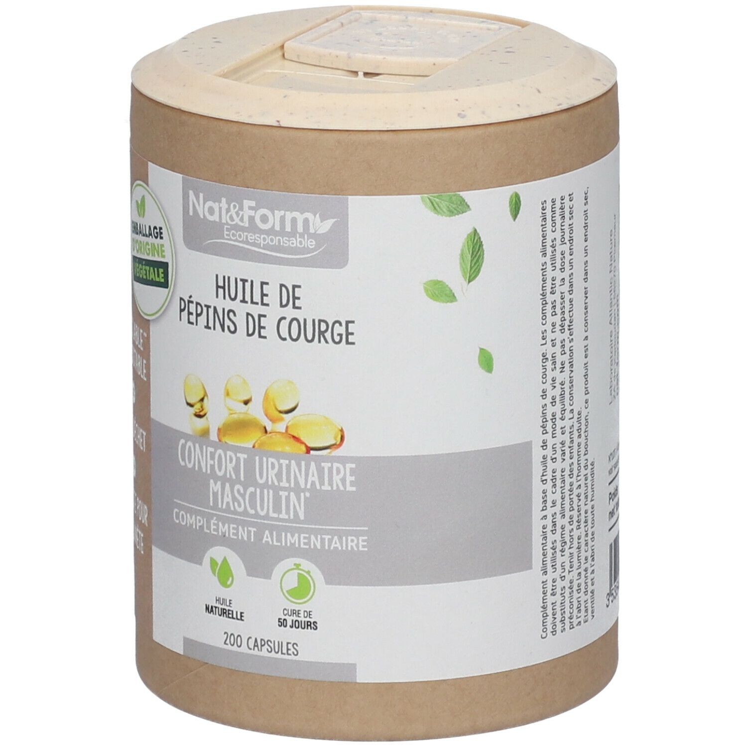 Boîte cylindrique avec couvercle. Inscription: Nat & Form, Huile de pépins de courge, Confort urinaire masculin. 200 capsules. Emballage végétal.