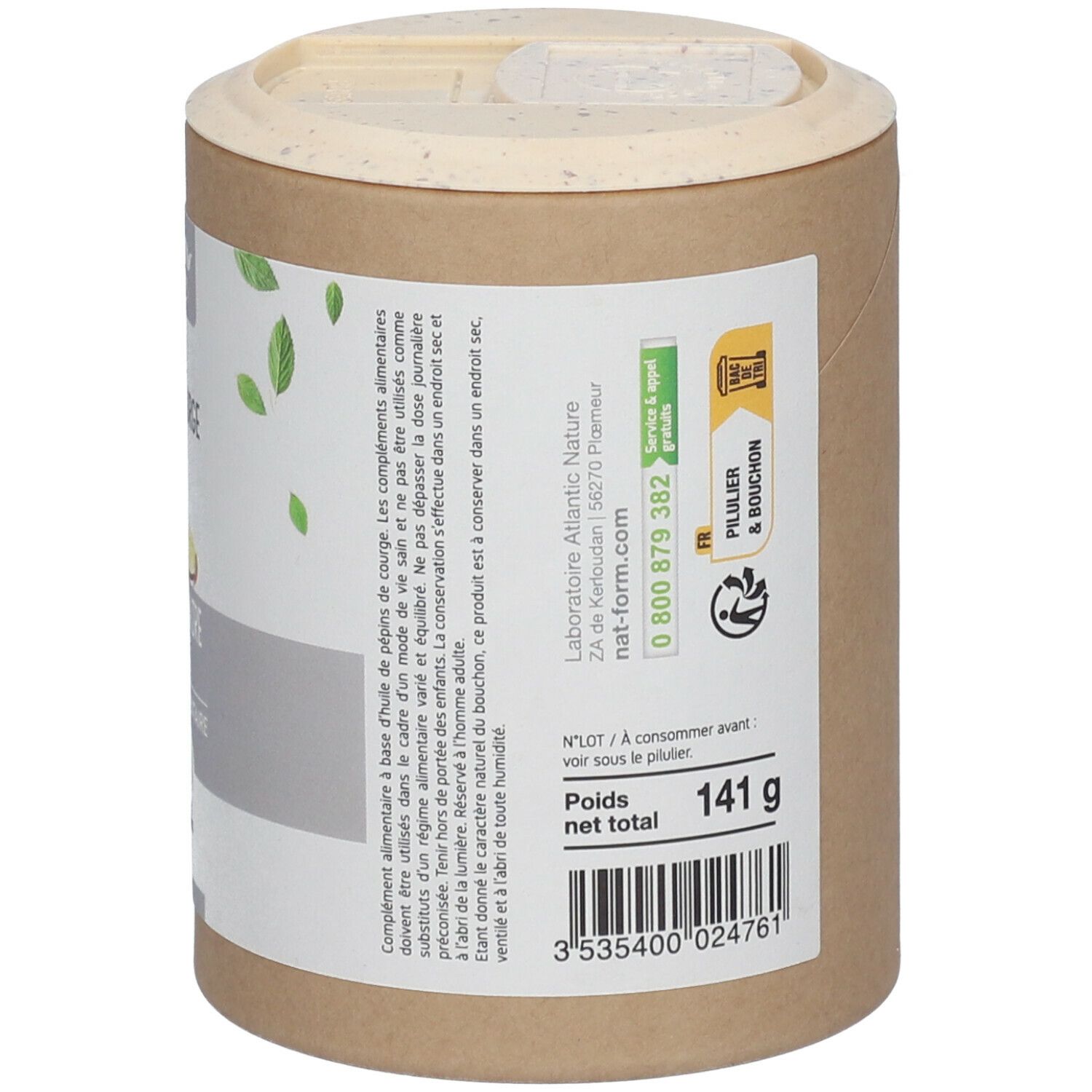 Dos de la boîte. Informations d'utilisation, ingrédients. Poids: 141 g. Coordonnées du fabricant.