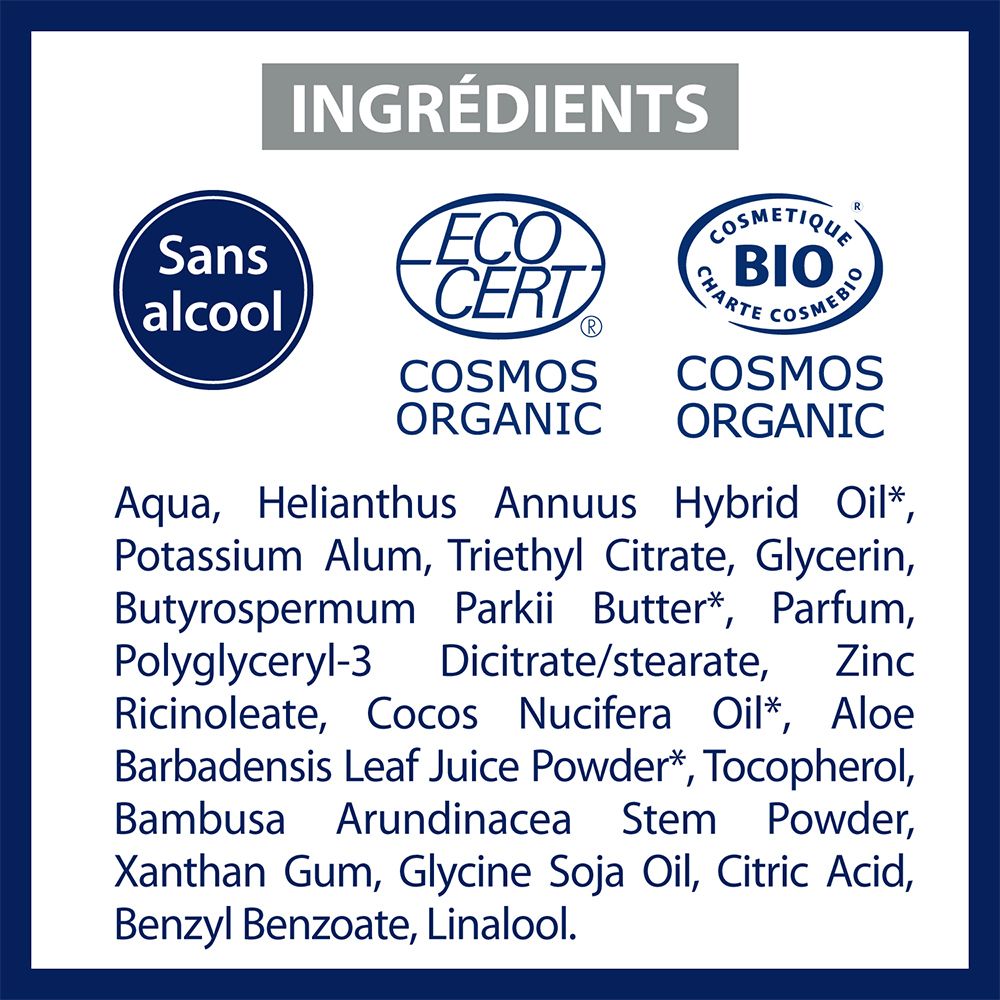 Ingrédients Etiaxil Bio Antitranspirant. Liste des ingrédients. Logos : Cosmos Organic, Bio.