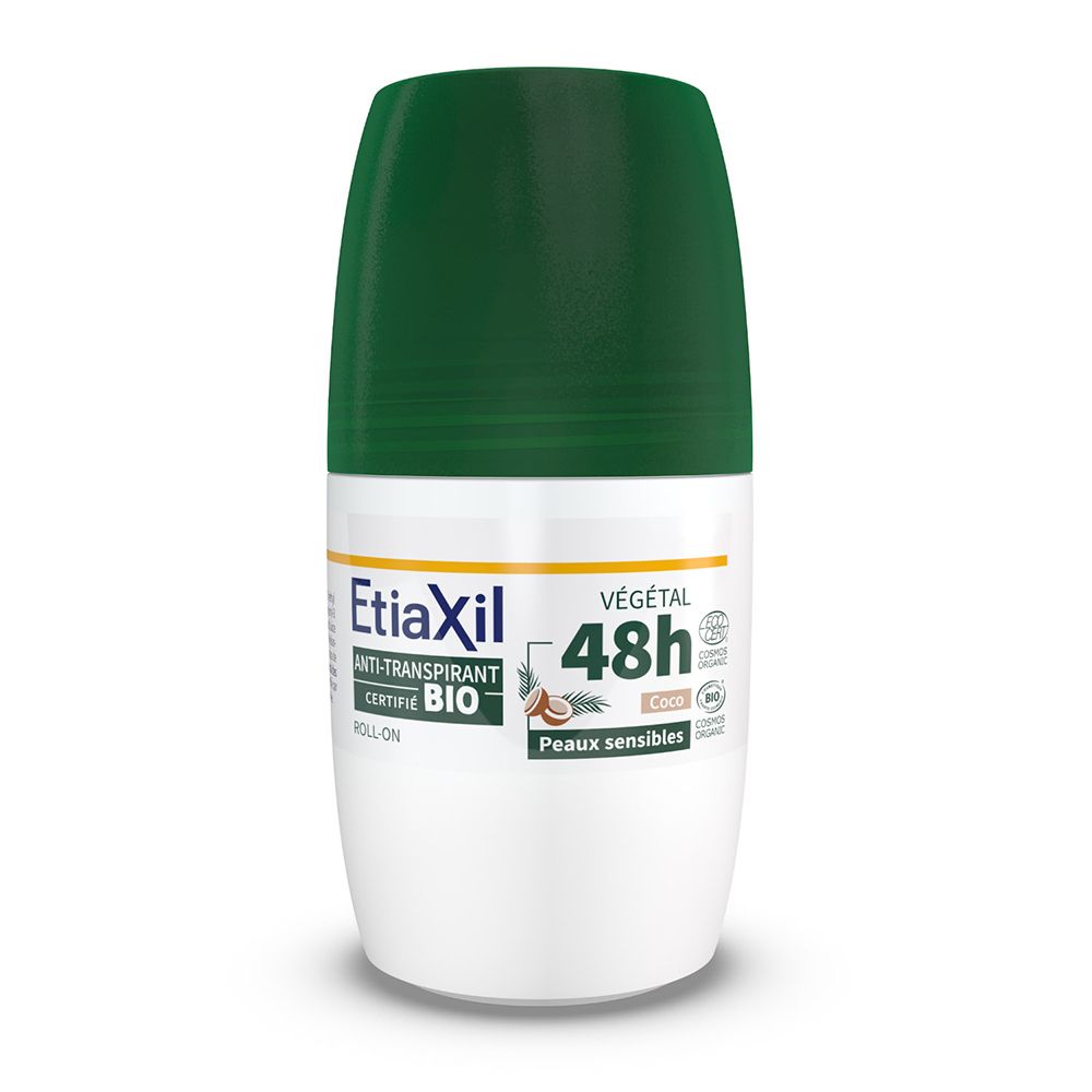 Roll-on Etiaxil Bio Antitranspirant 48h. Flacon blanc, bouchon vert. Inscription : Anti-Transpirant 48h, Bio.