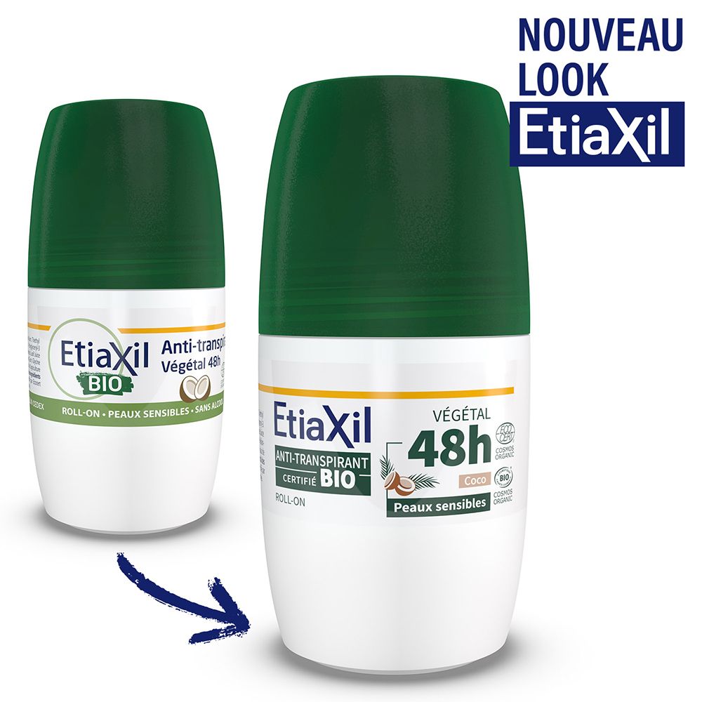 Deux roll-ons Etiaxil Bio Antitranspirant 48h. Inscription : Nouveau, Etiaxil. Anti-Transpirant 48h, Bio.