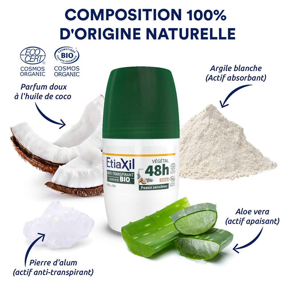 Ingrédients d'Etiaxil Bio Antitranspirant 48h. Aloe vera, argile, noix de coco, alun. Inscription : Composition 100% naturelle.