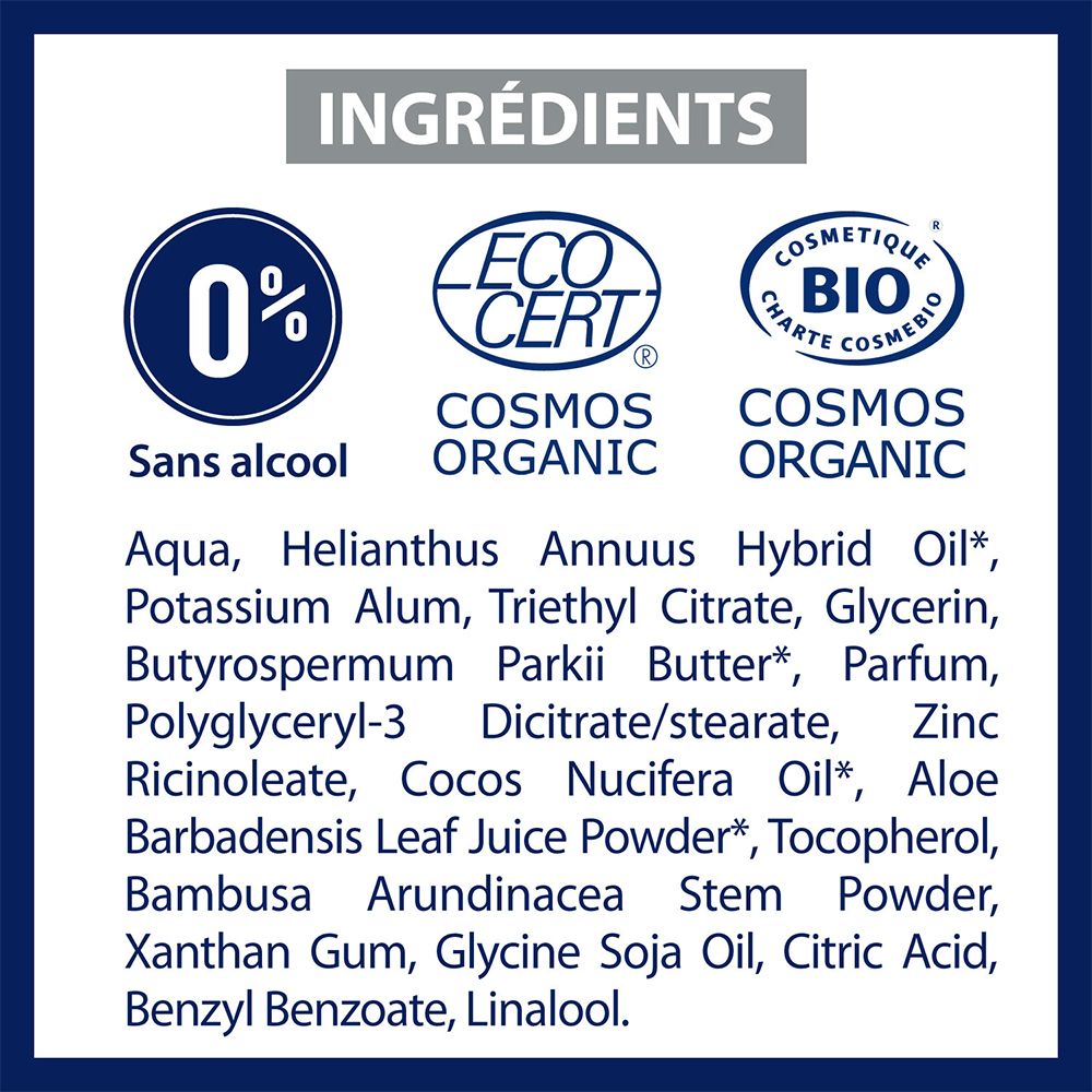 Ingrédients d'Etiaxil Bio Antitranspirant 48h. Inscription : 0% alcool, Cosmos Organic, Bio.