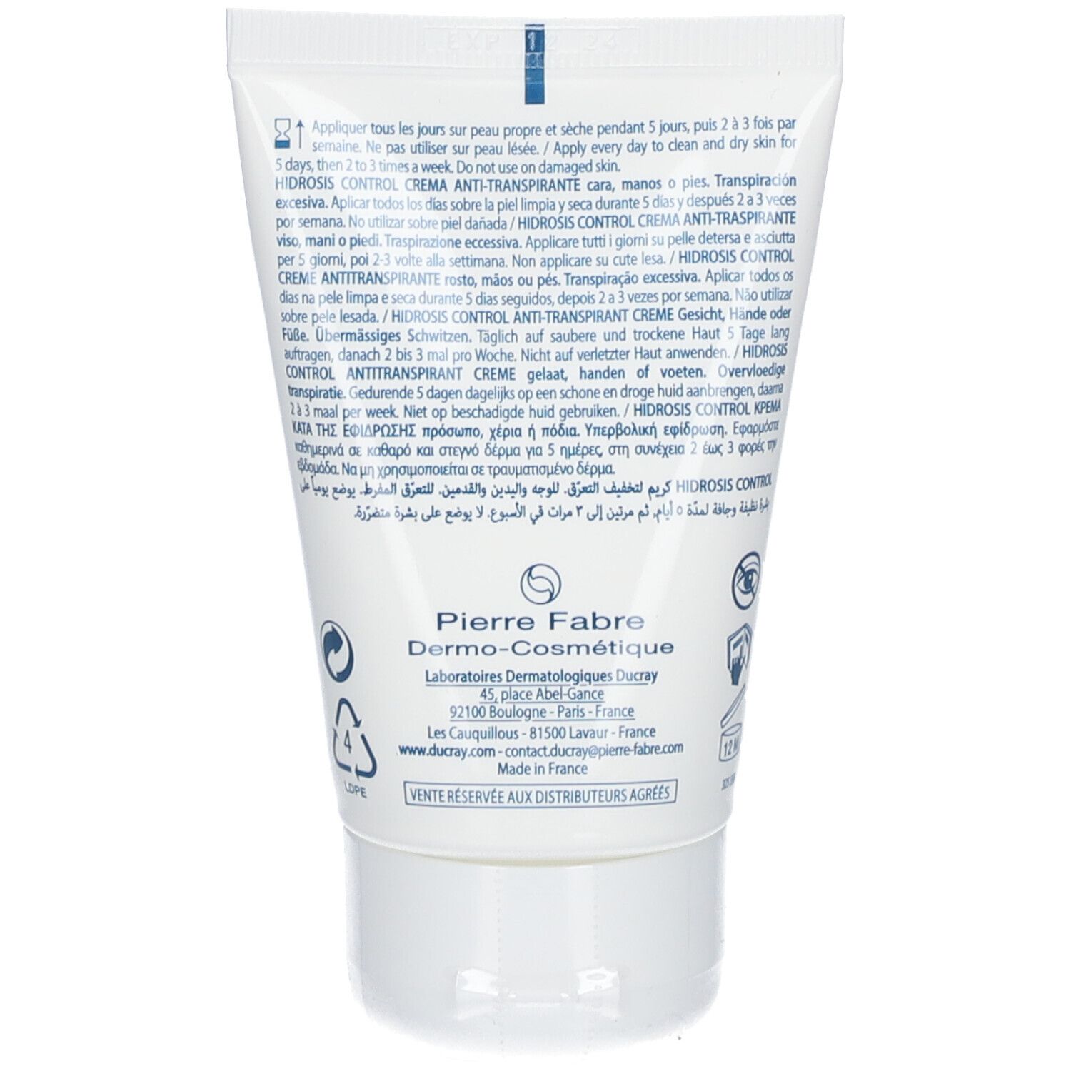 Dos du tube de crème avec texte multilingue. Informations fabricant.
