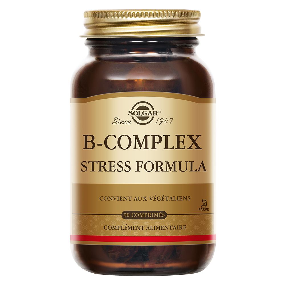 Flacon en verre brun avec bouchon doré. Étiquette SOLGAR, B-Complex Stress Formula, 90 comprimés.