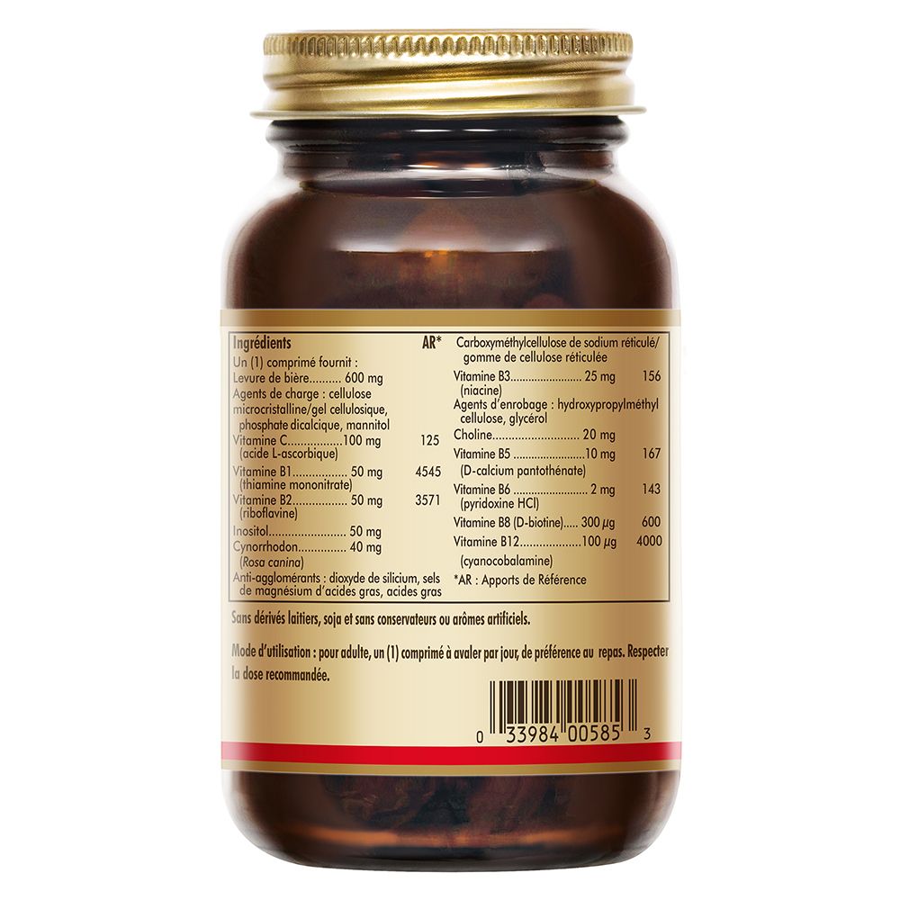 Gros plan du dos du flacon en verre brun. Détail des ingrédients et informations nutritionnelles.