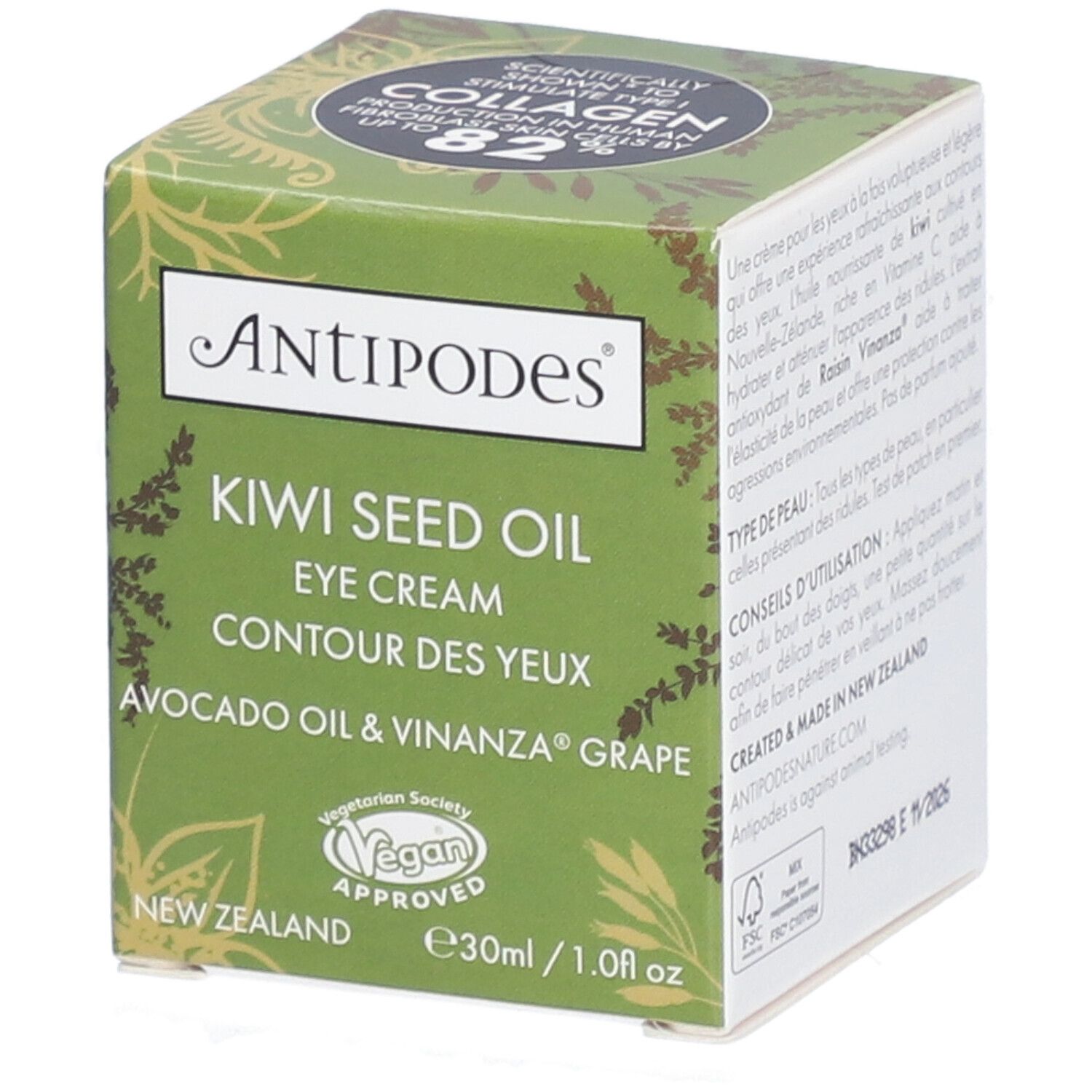 Boîte verte "Antipodes Kiwi Seed Oil Eye Cream". Label Vegan. 30ml/1.0 fl oz. Texte en anglais et français.