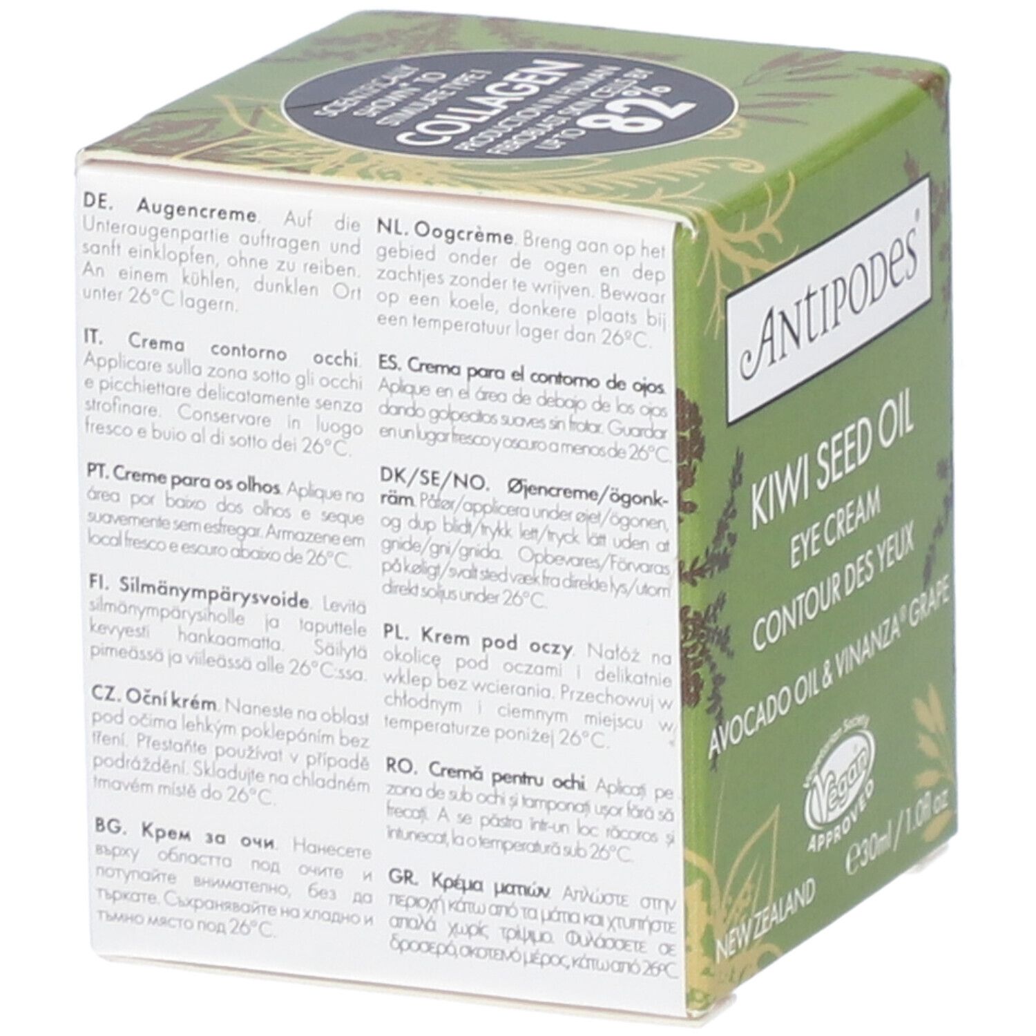 Boîte avec textes multilingues. "Antipodes Kiwi Seed Oil Eye Cream". Label Vegan. 30ml/1.0 fl oz.