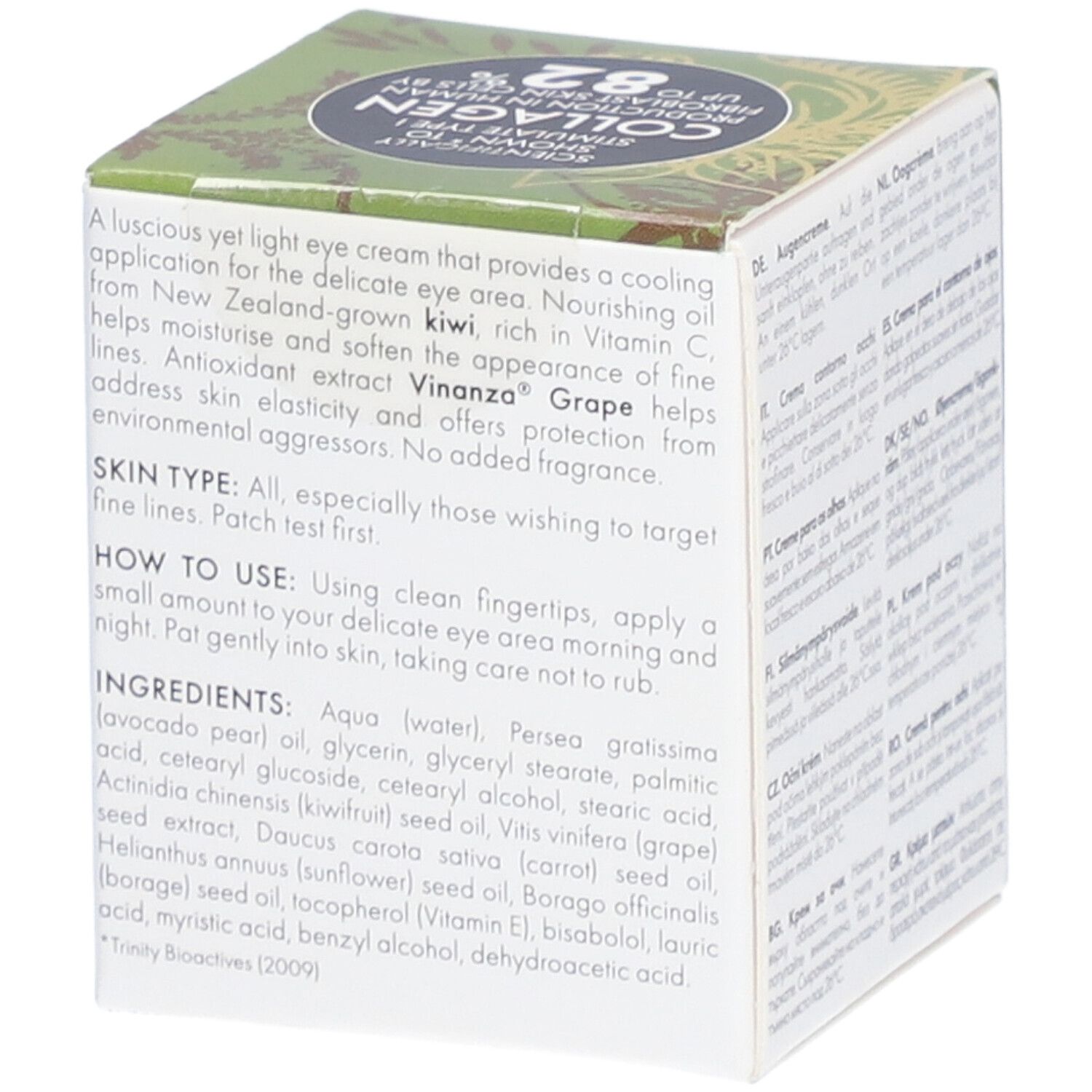 Dos de la boîte. Texte sur les ingrédients et l'utilisation. "Antipodes Kiwi Seed Oil Eye Cream".
