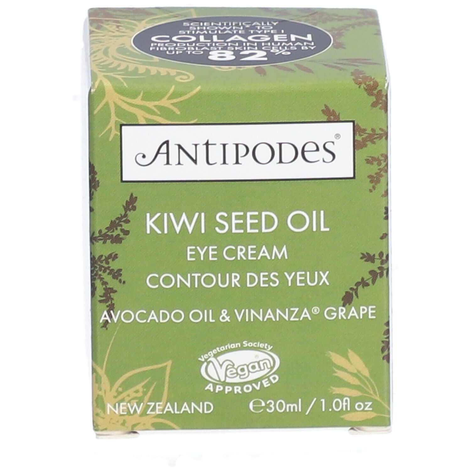 Boîte verte "Antipodes Kiwi Seed Oil Eye Cream". Label Vegan. 30ml/1.0 fl oz.