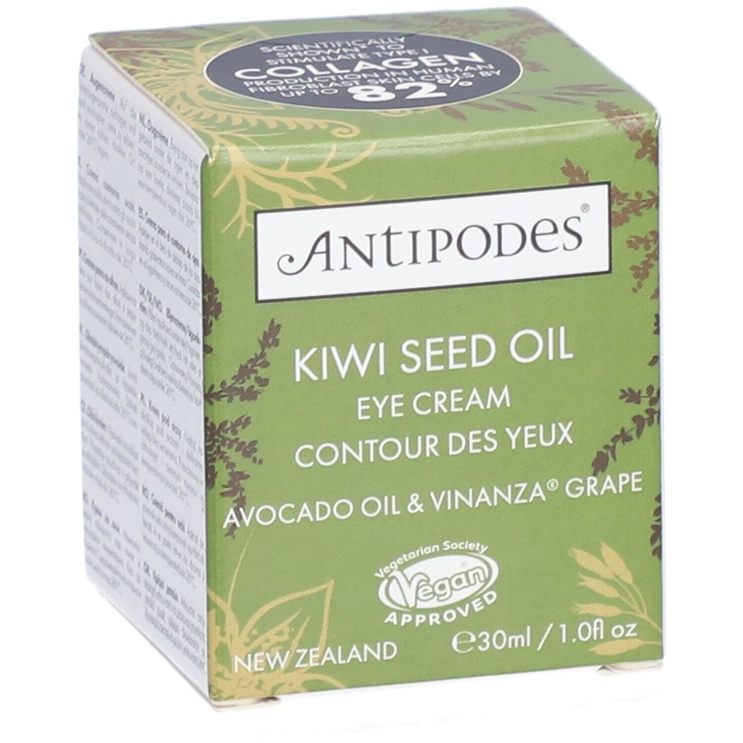 Boîte verte "Antipodes Kiwi Seed Oil Eye Cream". Label Vegan. 30ml/1.0 fl oz.