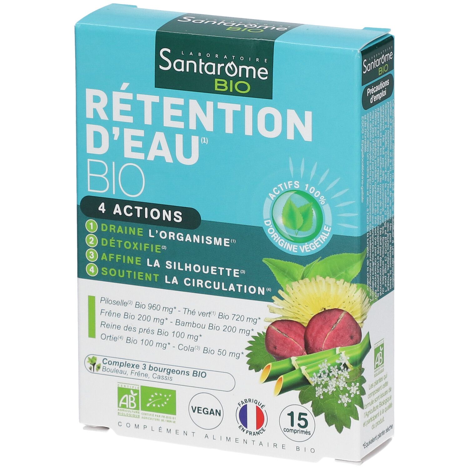Karton SANTAROME Bio. Aufschrift: RÉTENTION D'EAU BIO. 4 Aktionen. 15 Tabletten. AB-Siegel, Vegan-Logo, Hergestellt in Frankreich.