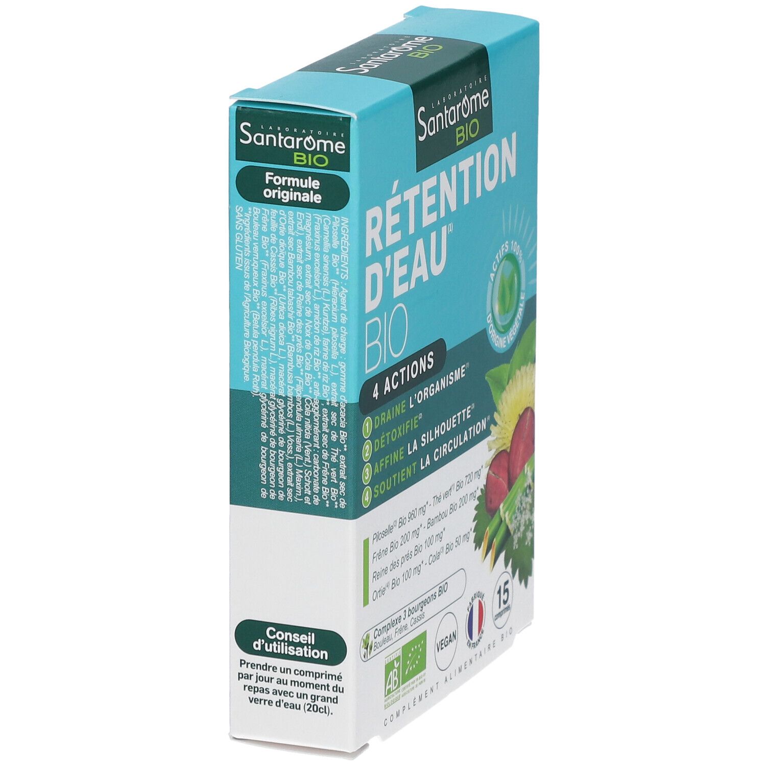 SANTAROME Bio-Schachtel, schräg. Aufschrift: RÉTENTION D'EAU BIO. 4 Aktionen. Text über Inhaltsstoffe und Anwendung. Vegan-Logo.